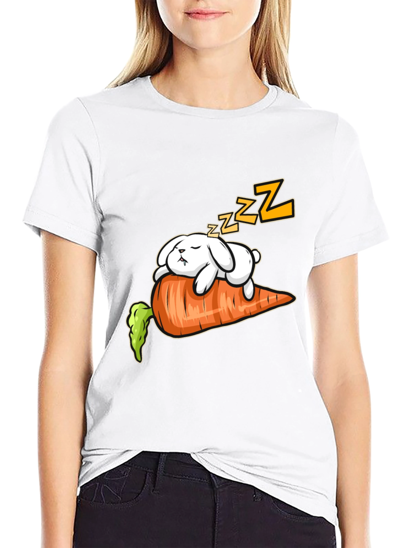 Black Sleeping Bunny on Carrot Graphic Tee view 9