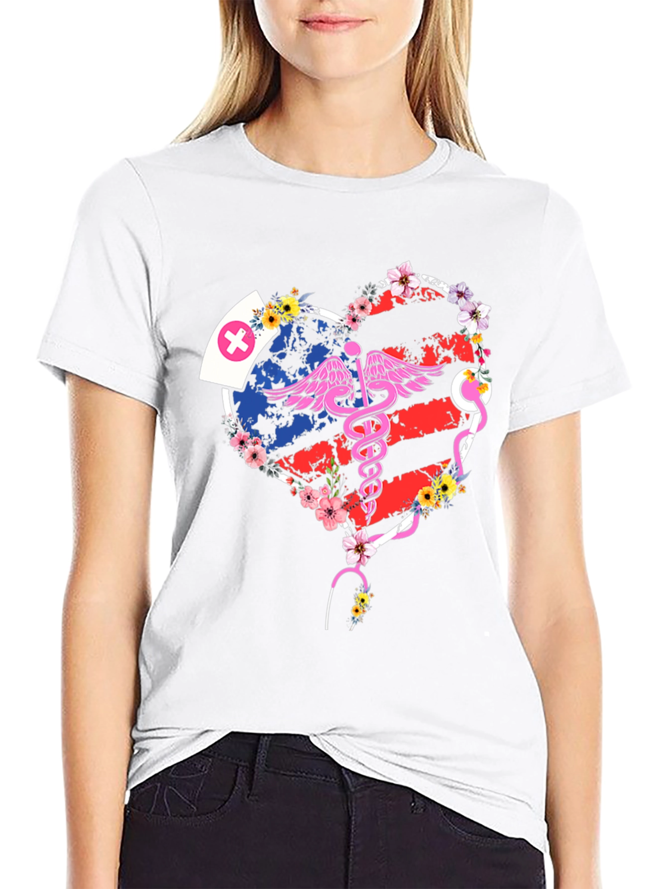 Black Nurse American Flag Heart T-Shirt view 9