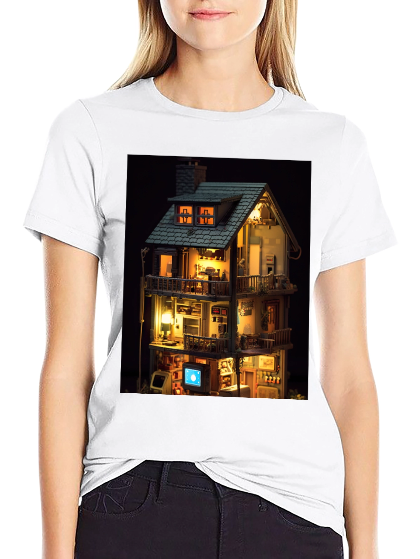 Black Architectural Dollhouse Graphic Tee - Unique Design view 9