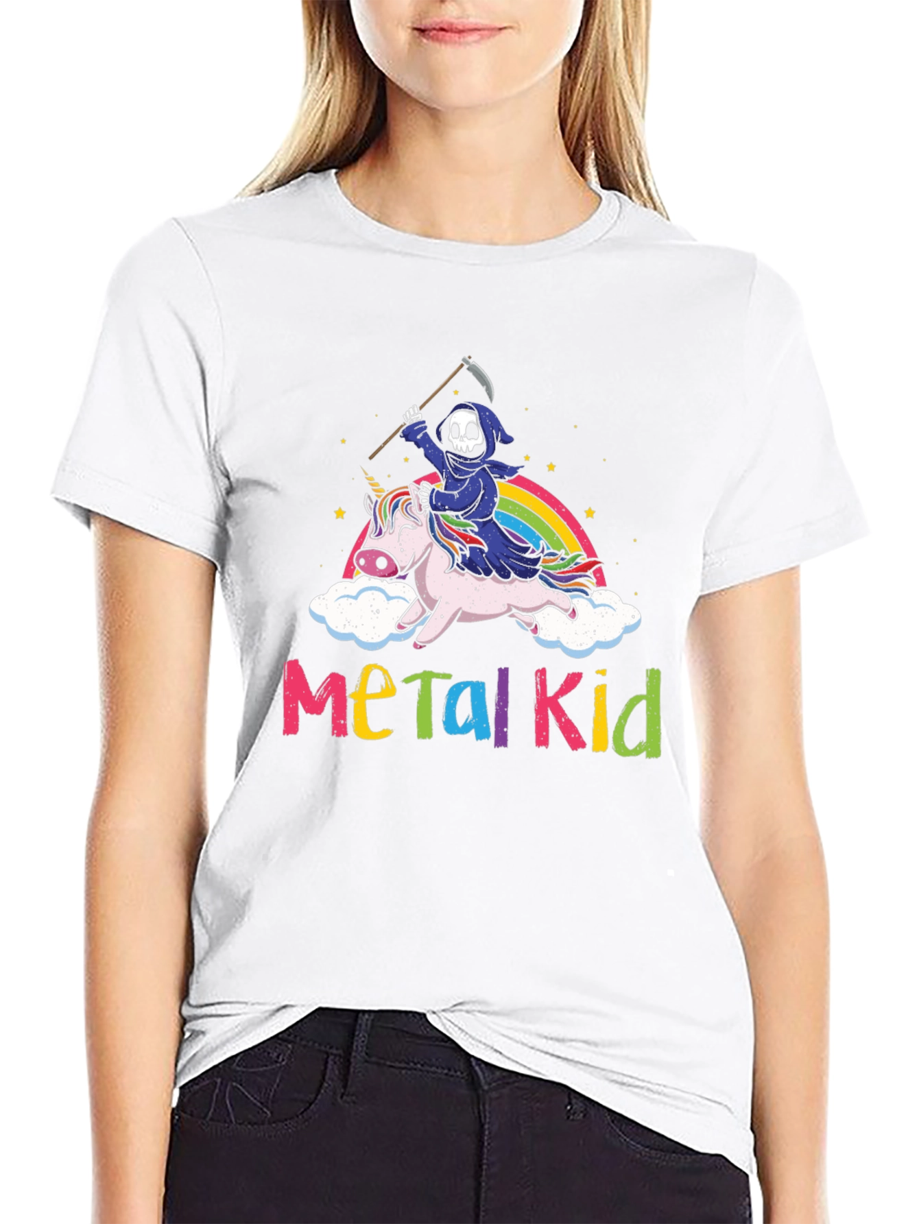 Black Metal Kid Grim Reaper Unicorn Rainbow T-Shirt view 9