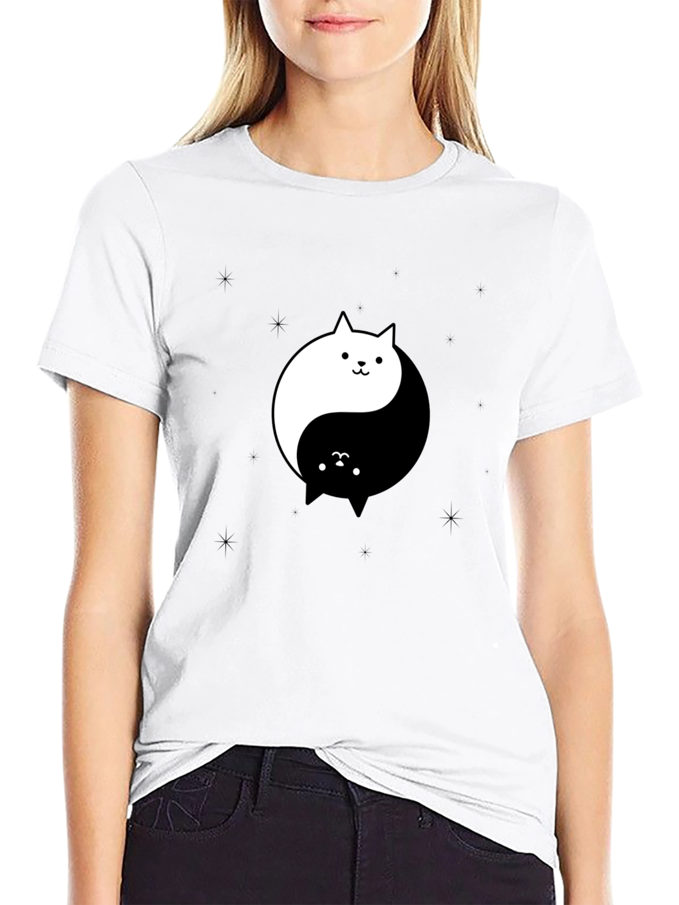 Black Yin Yang Cat Graphic Tee - Black Cotton T-Shirt view 9