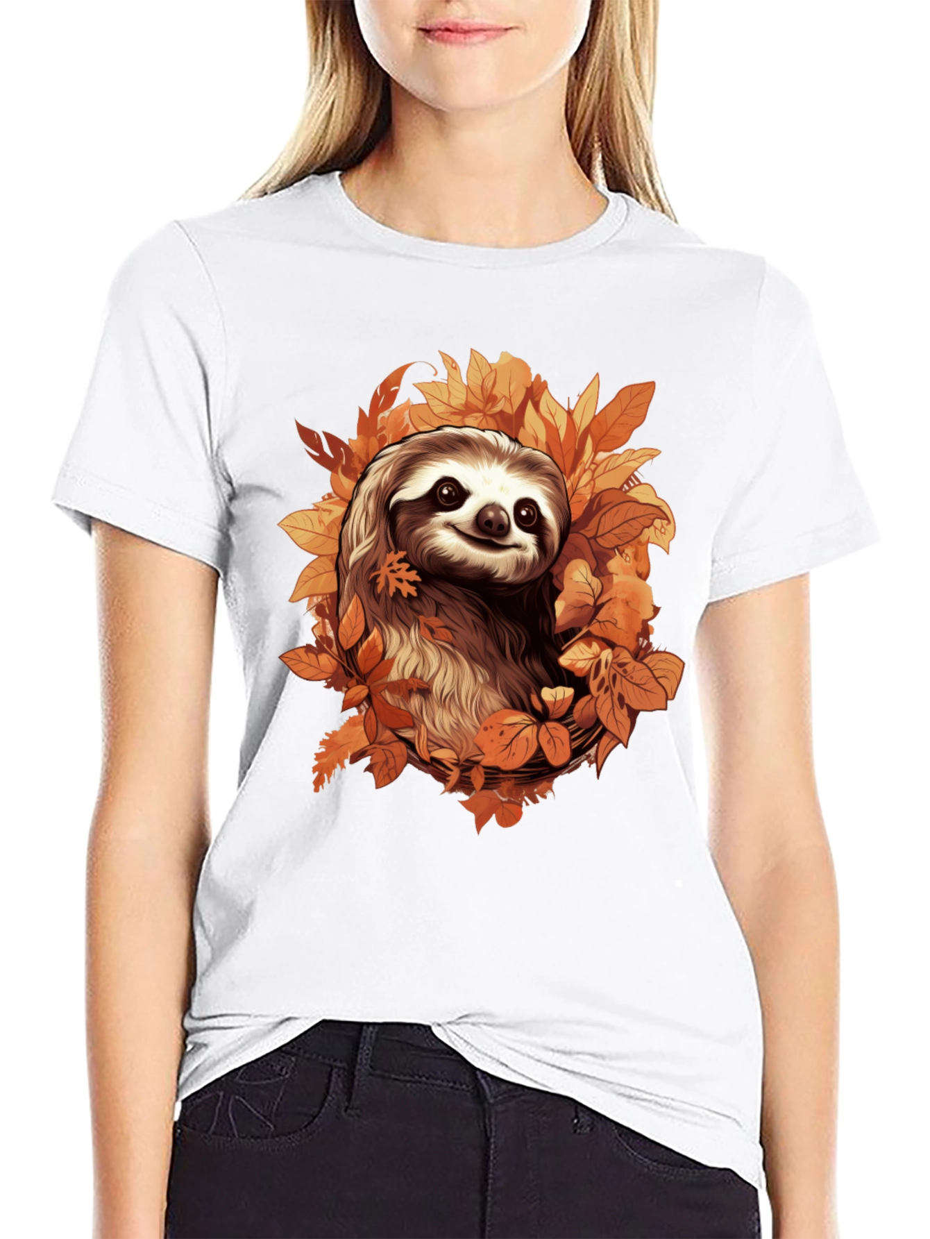 Black Sloth in Autumn Leaves Graphic T-Shirt view 9