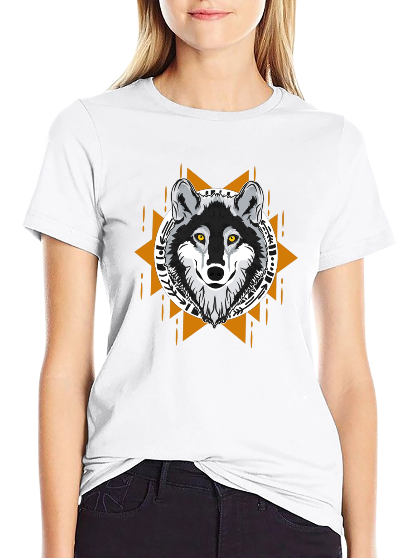 Black Wolf Graphic Tee - Tribal Design Black T-Shirt view 9