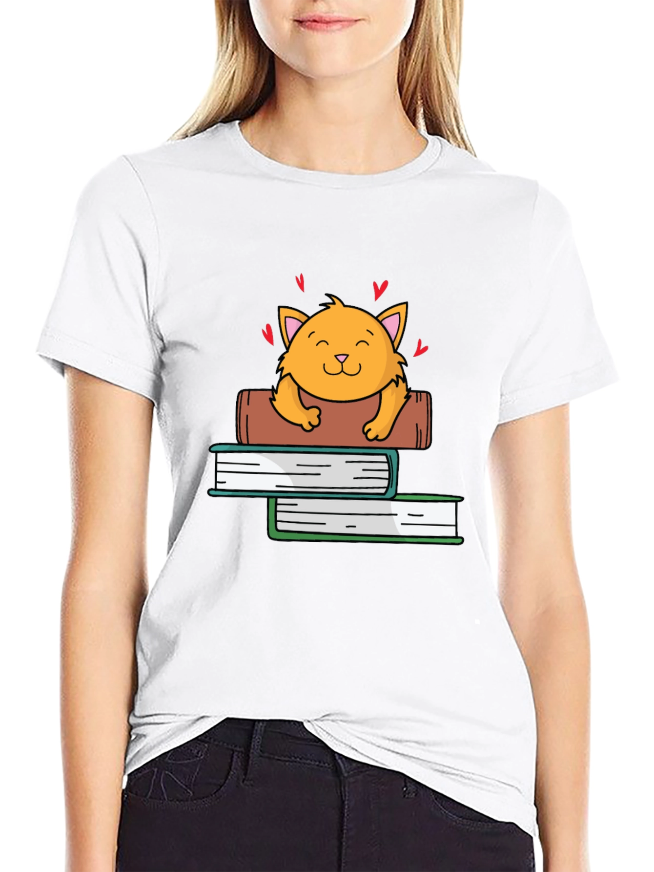Black Cute Cat on Books Graphic Tee view 9