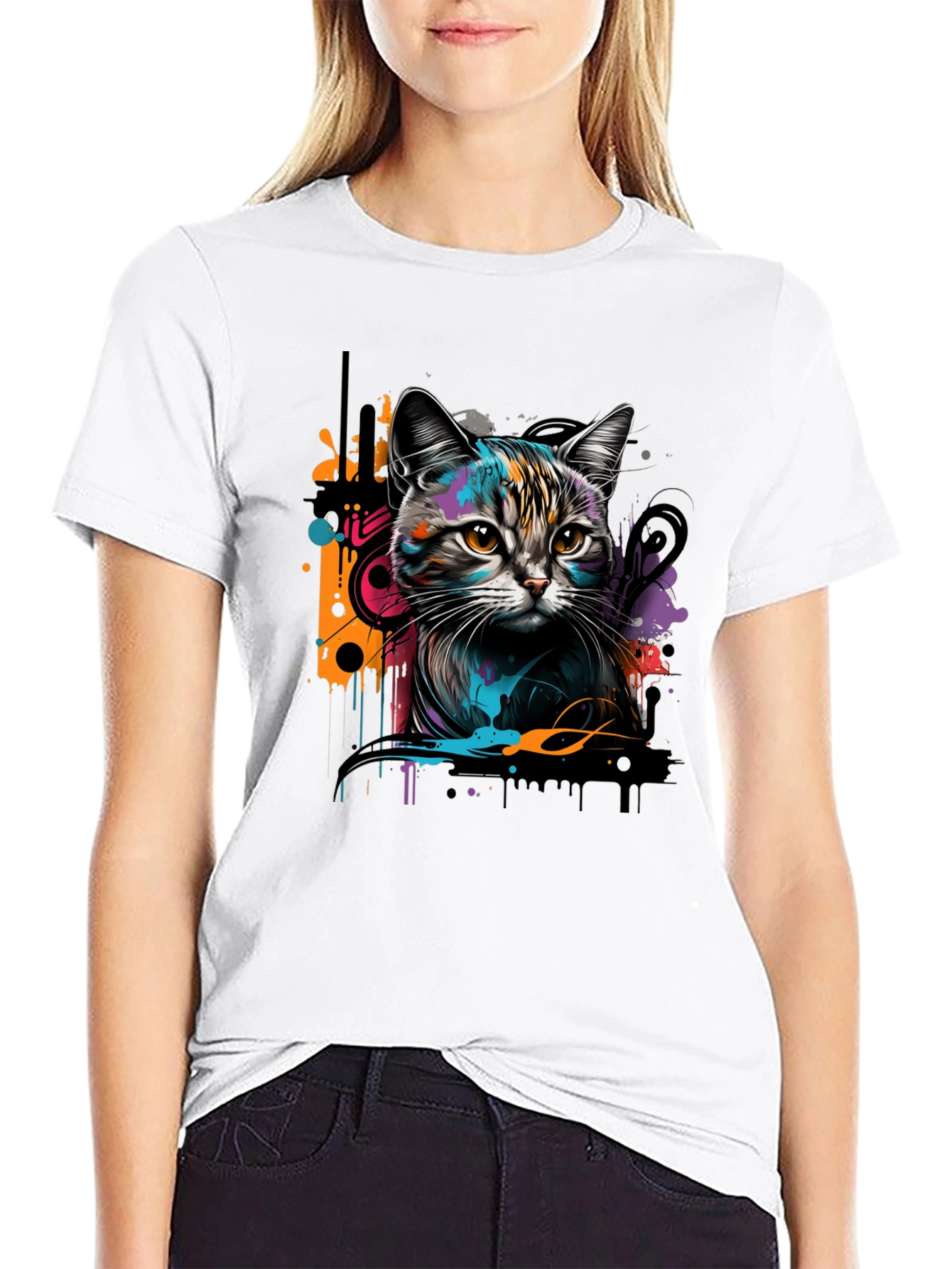 Black Cool Cat Graphic Print Black T-Shirt view 9