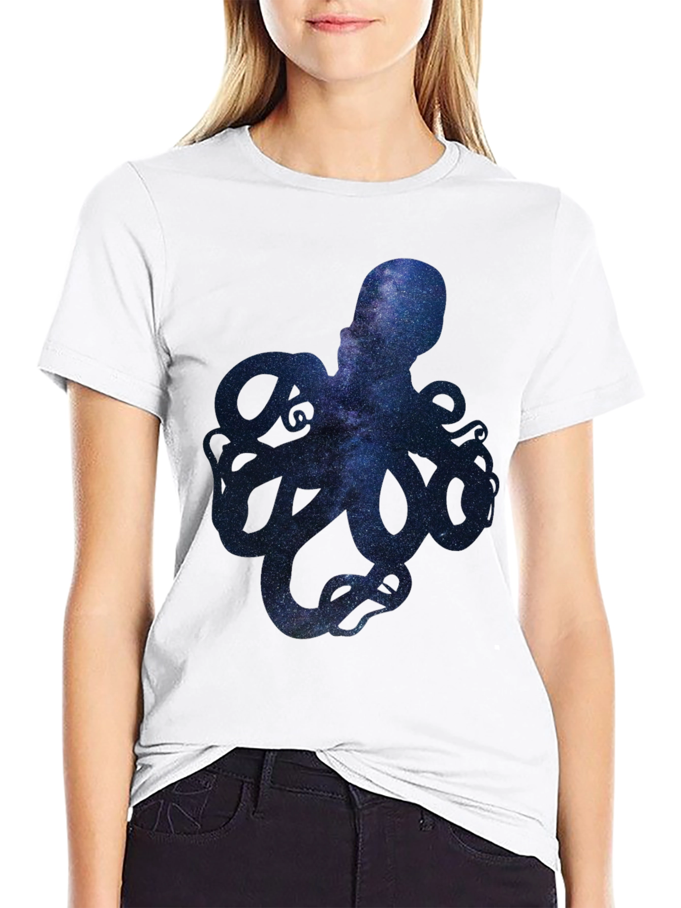 Black Galaxy Octopus Graphic Print Men's T-Shirt view 9