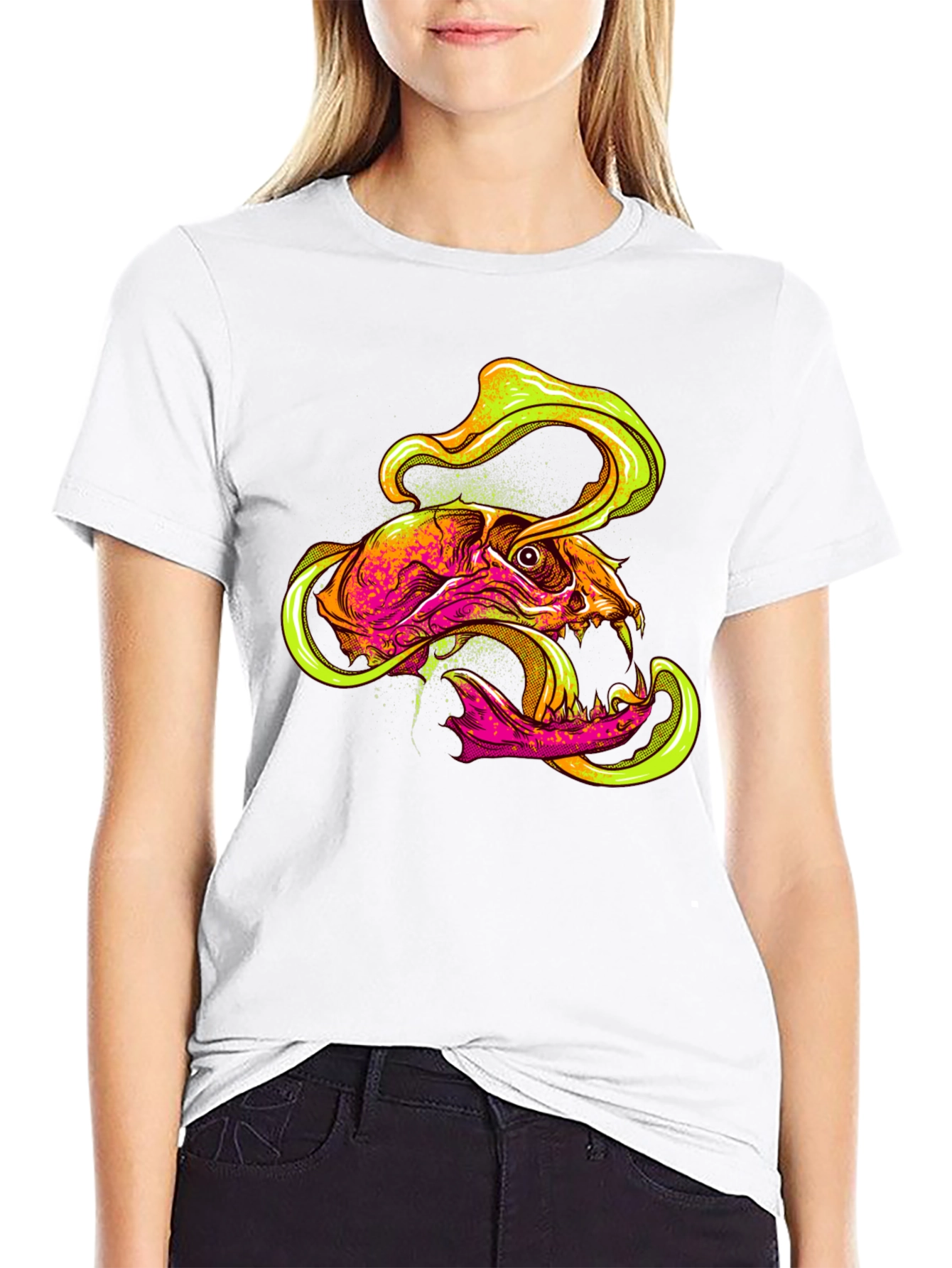 Black Skull Graphic Print T-Shirt - Vivid Neon Design view 9