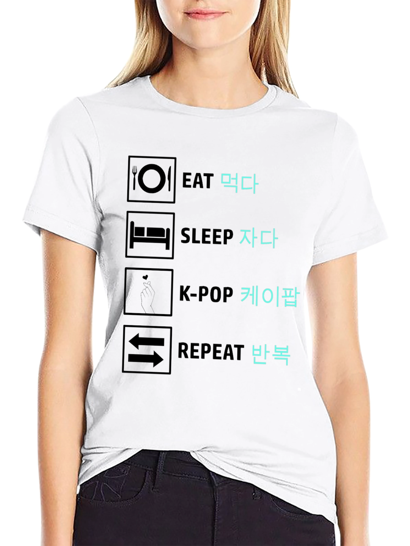Black Eat Sleep K-Pop Repeat Graphic Tee view 9