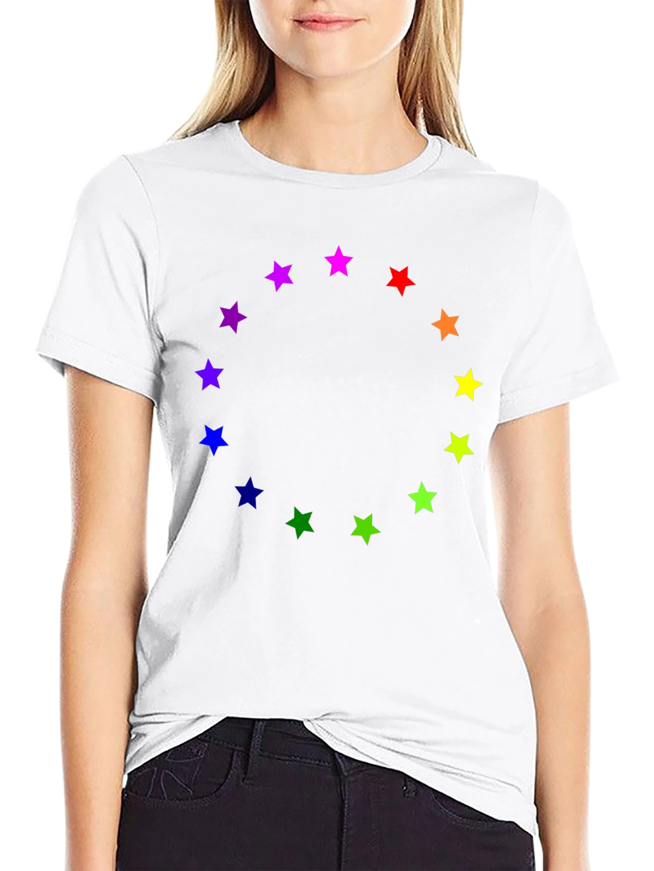 Black Rainbow Star Circle Black T-Shirt view 9