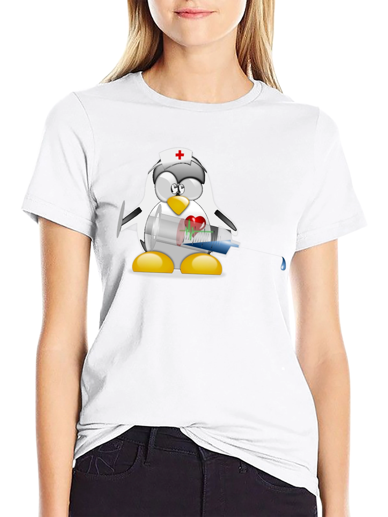 Black Nurse Penguin T-Shirt - Black Cotton Tee view 9