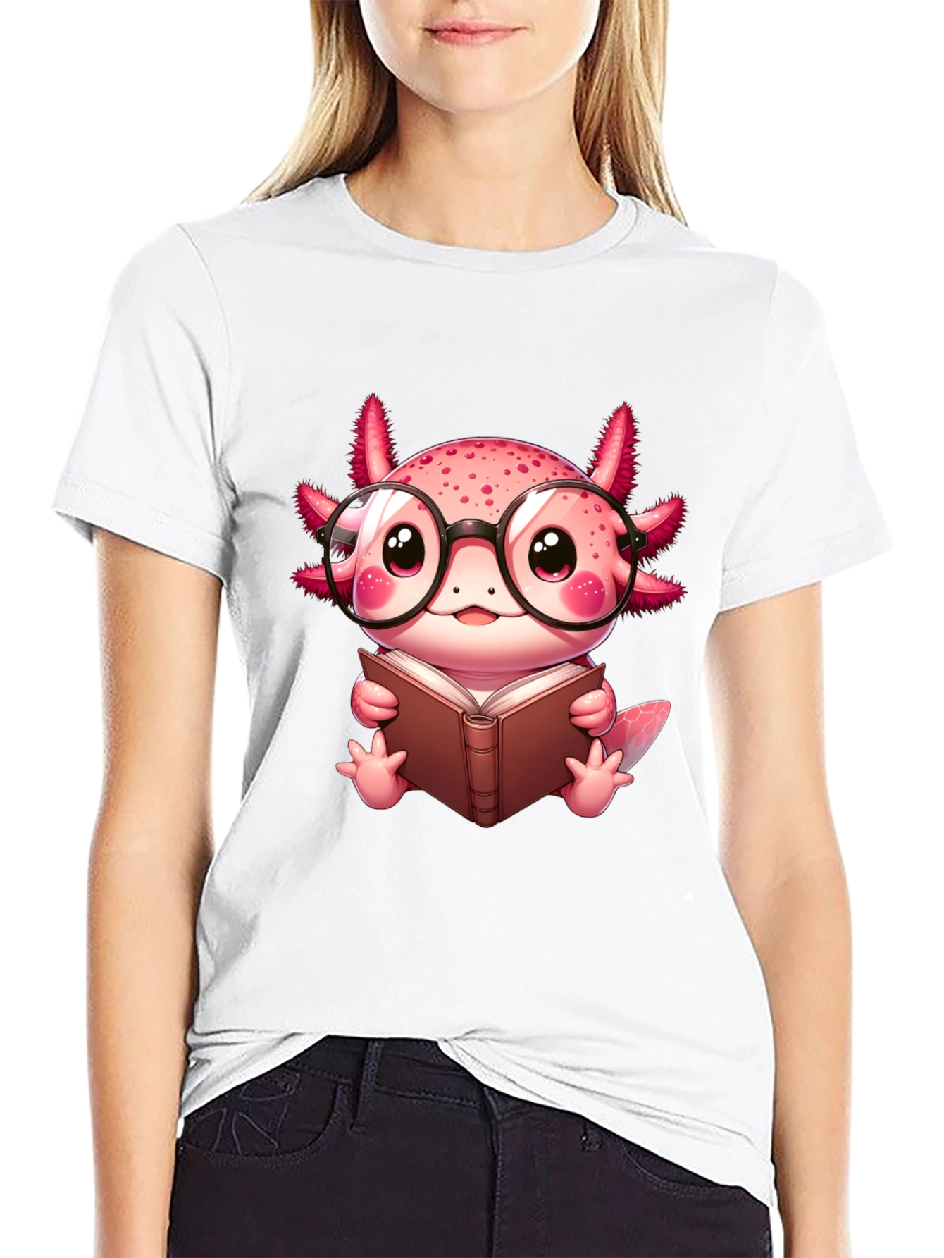 Black Axolotl Reader T-Shirt - Cute Nerdy Axolotl Reading Book Tee view 9