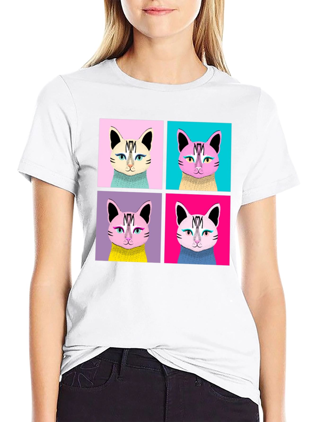 Black Pop Art Cat Graphic Black T-Shirt view 9