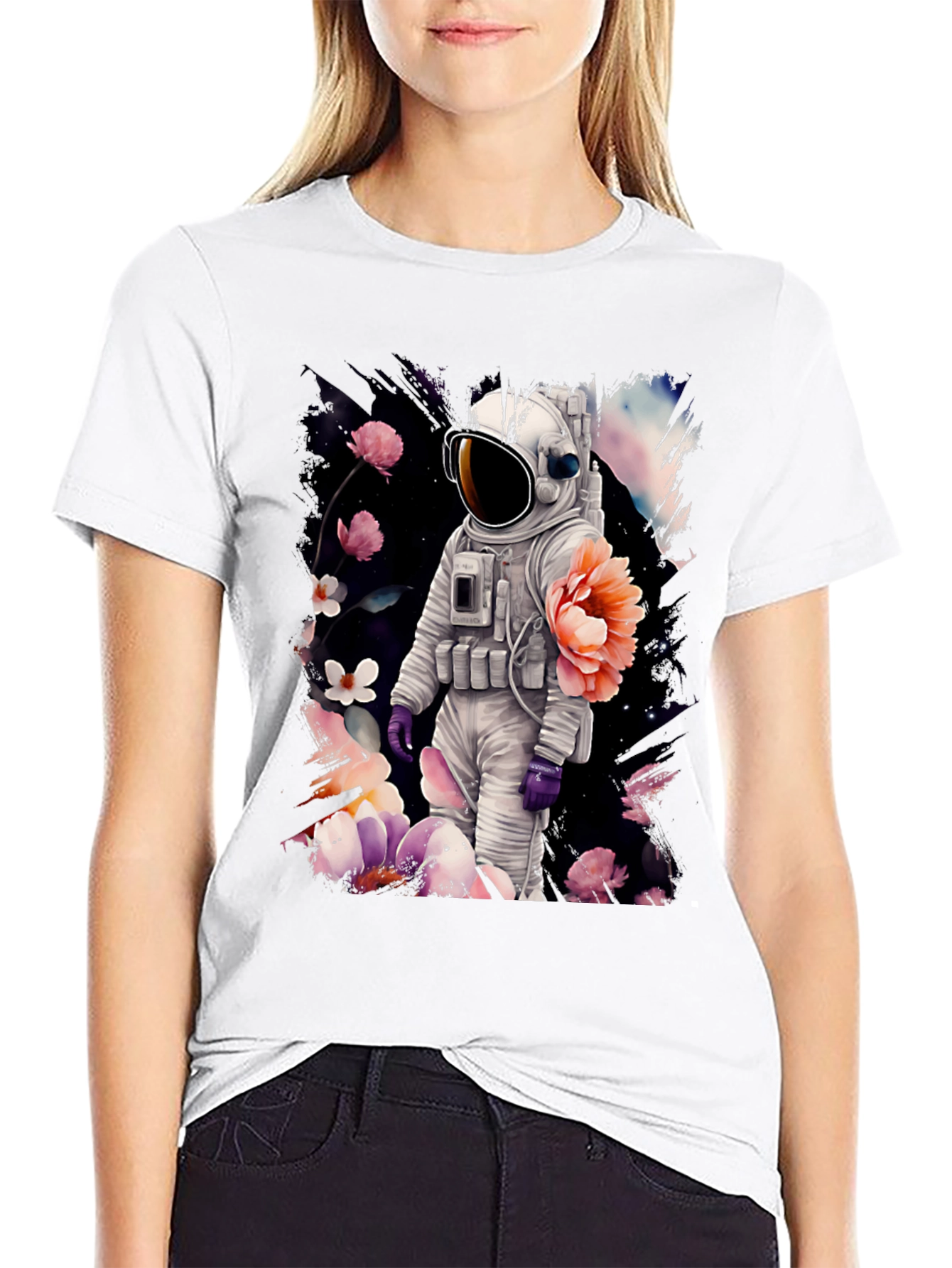 Black Astronaut Floral T-Shirt - Space & Nature Fusion view 9