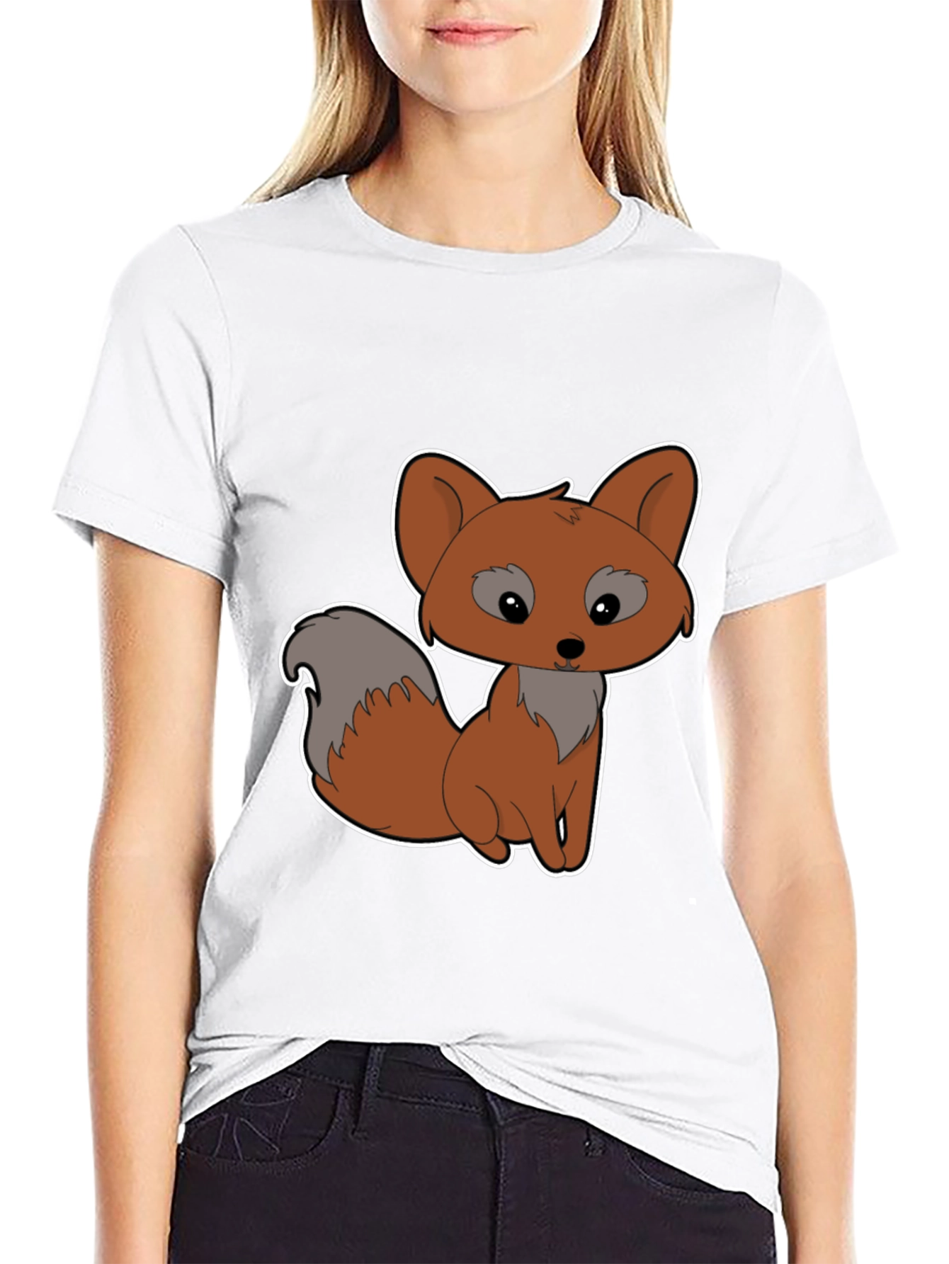Black Cute Cartoon Fox Graphic Tee - Black Cotton Shirt view 9