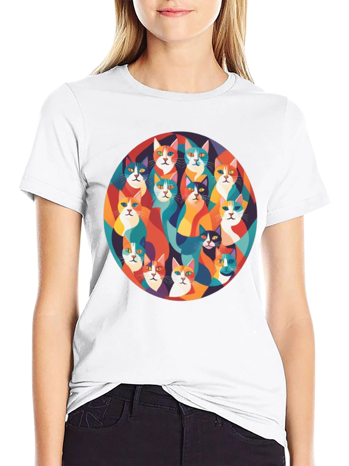 Black Colorful Cats Graphic T-Shirt view 9