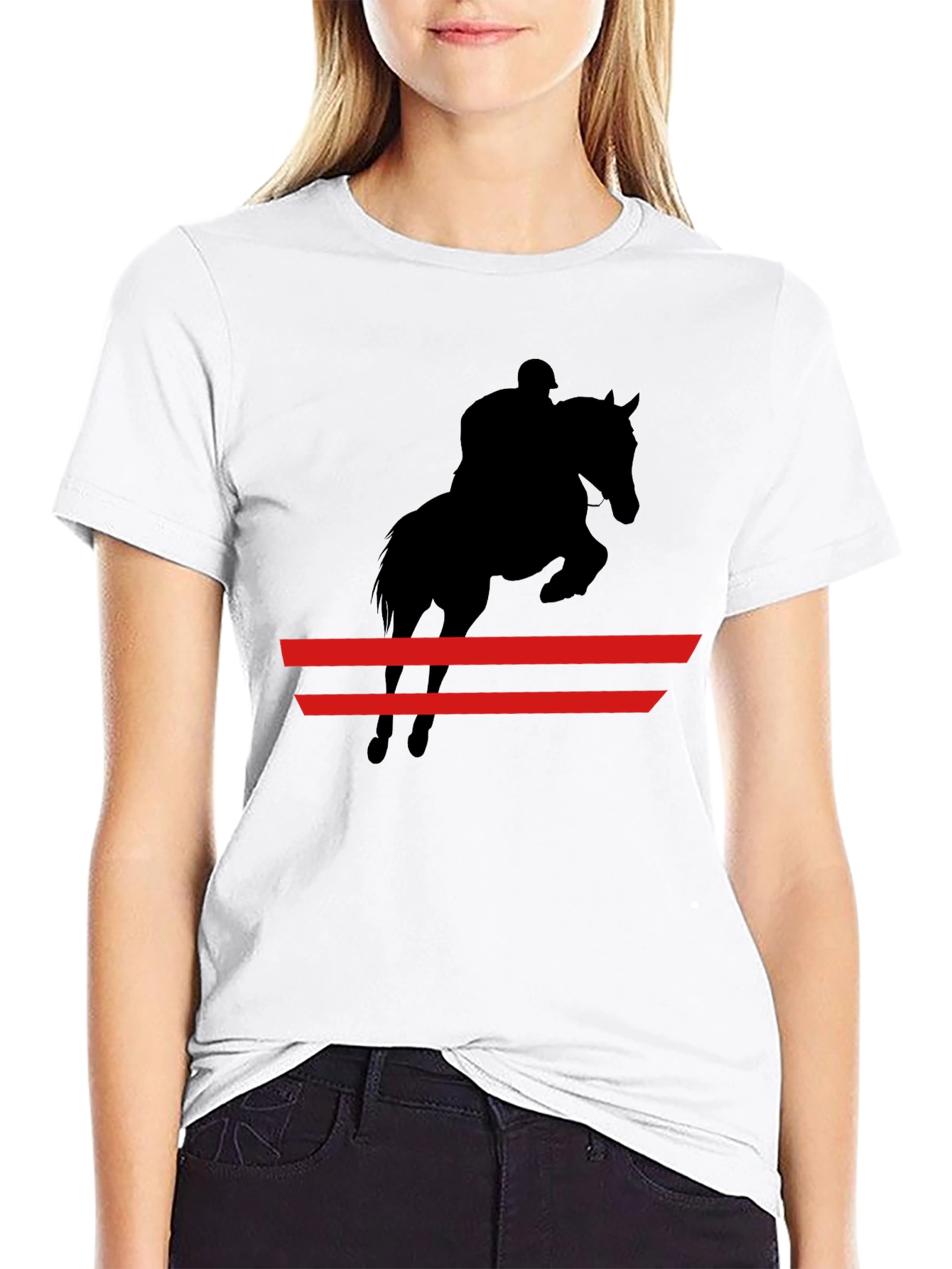 Black Equestrian Black T-Shirt: Horse & Rider Jumping view 9