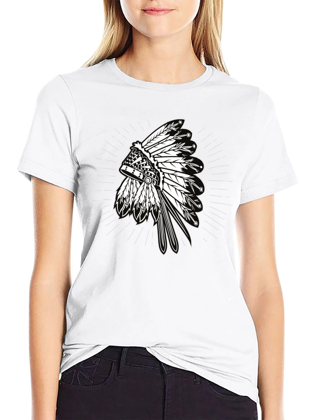 Black Native American Headdress Graphic Black T-Shirt view 9