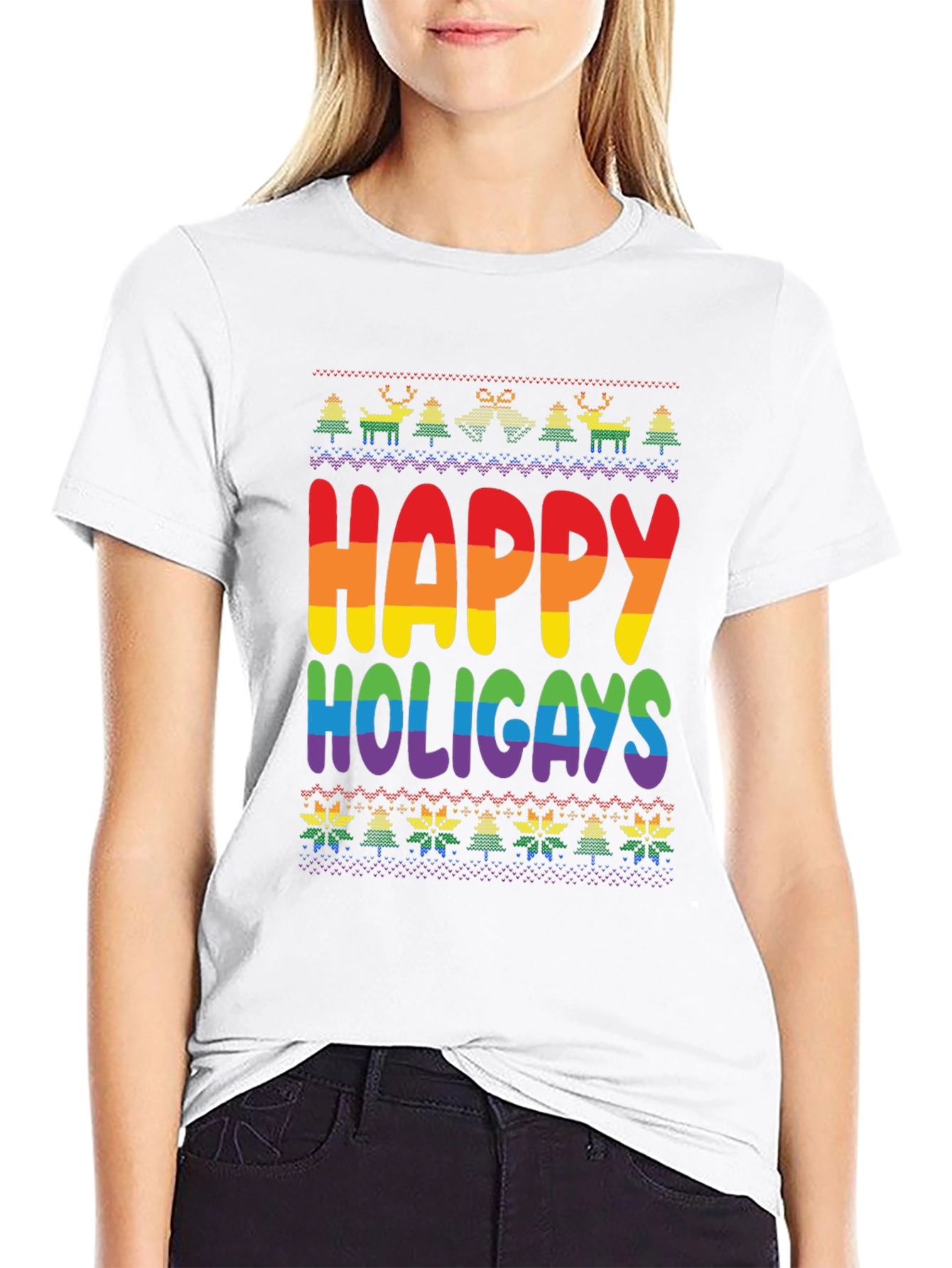 Black Happy Holigays Rainbow Knit T-Shirt view 9