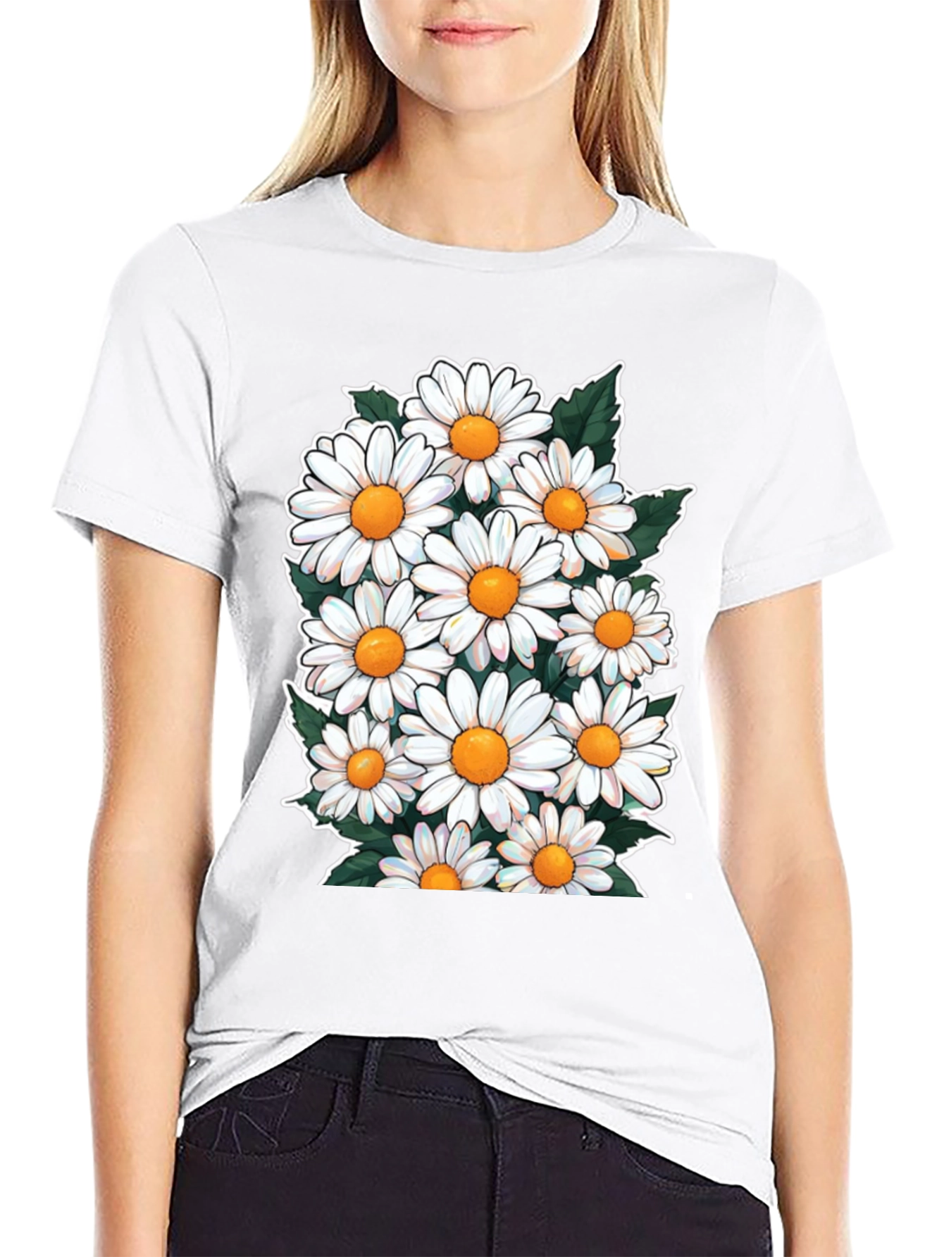 Black Daisy Flower Graphic T-Shirt - Floral Crew Neck Tee view 9