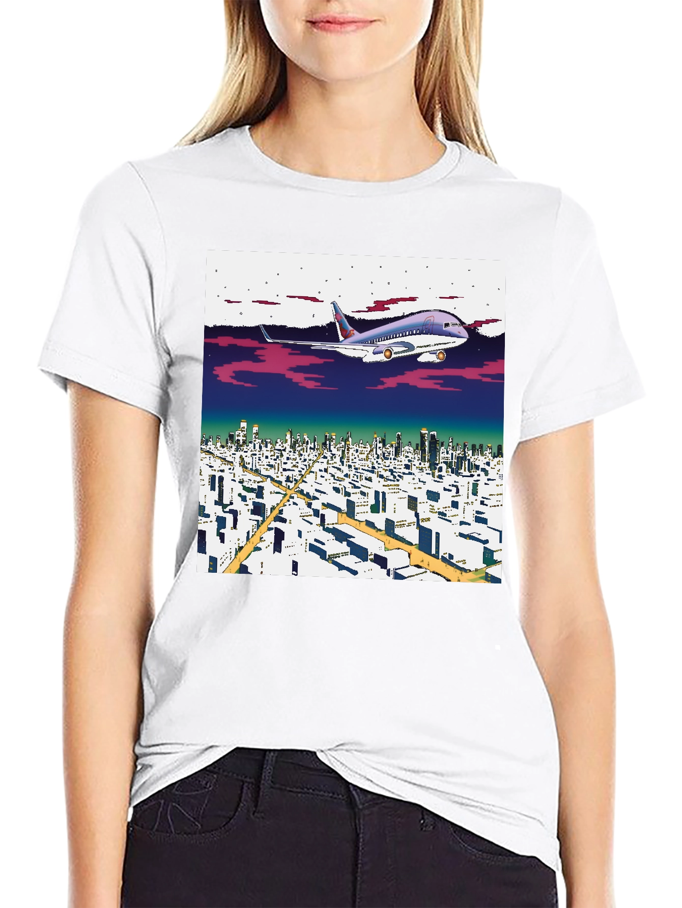 Black Retro Plane Over City T-Shirt view 9