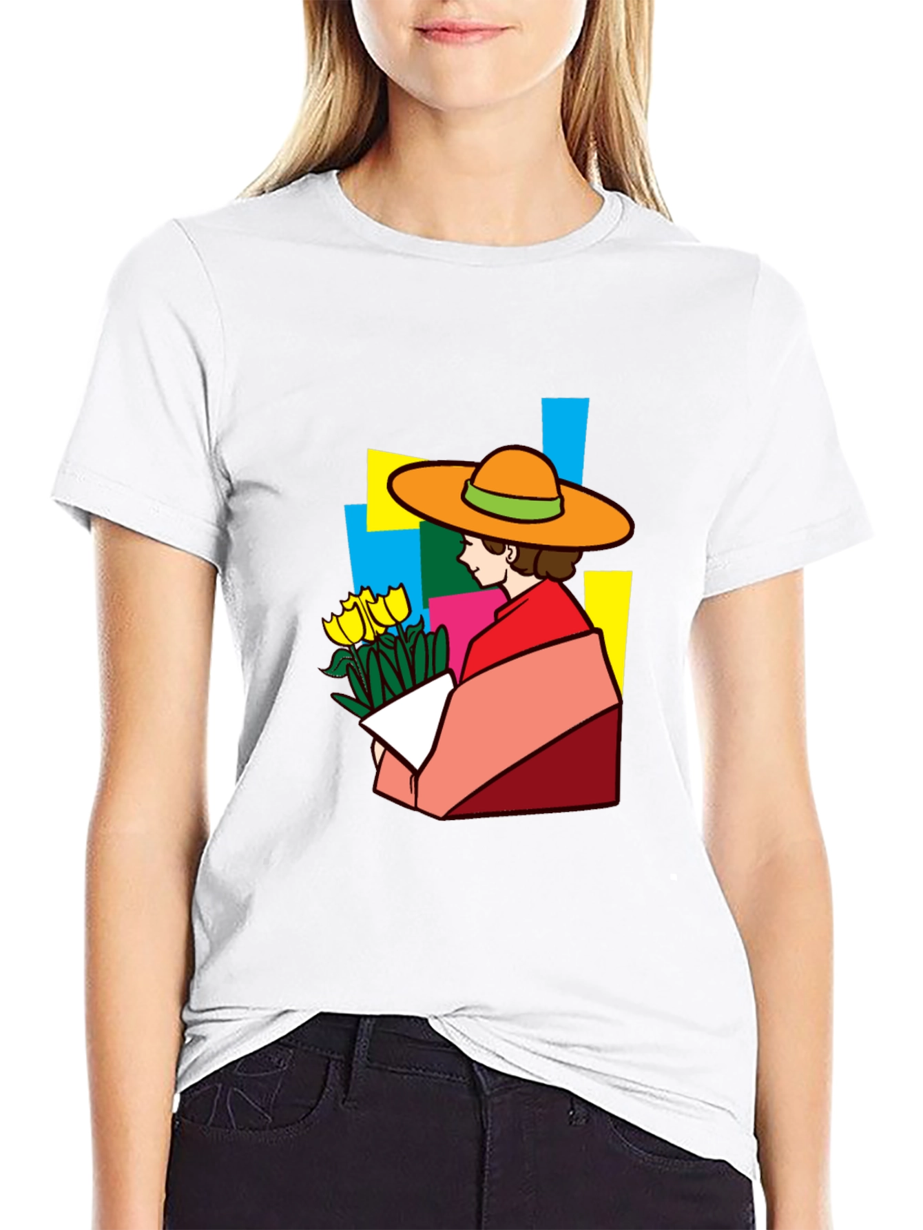 Black Stylish Graphic Tee - Woman with Flowers view 9