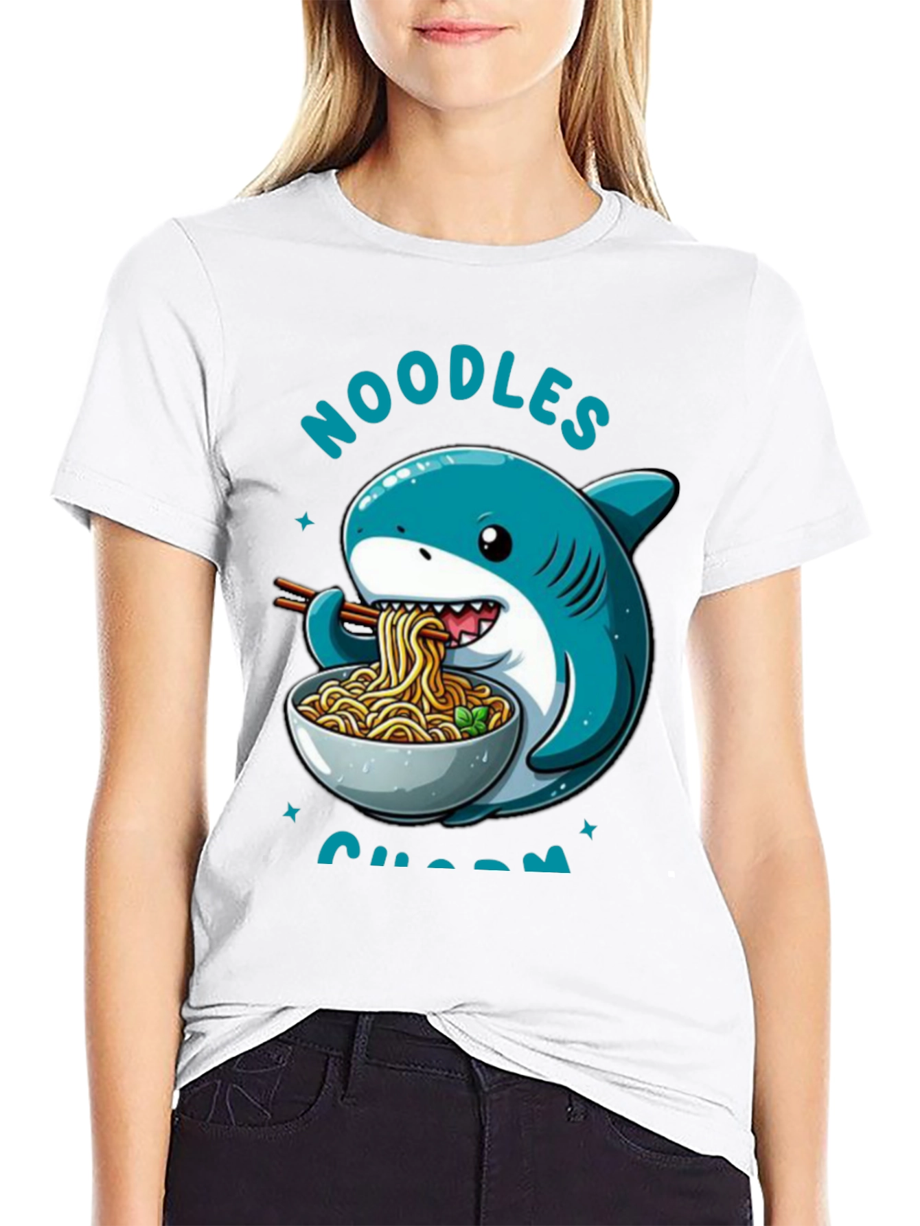 Black Noodles Shark T-Shirt - Cartoon Animal Ramen Tee view 9