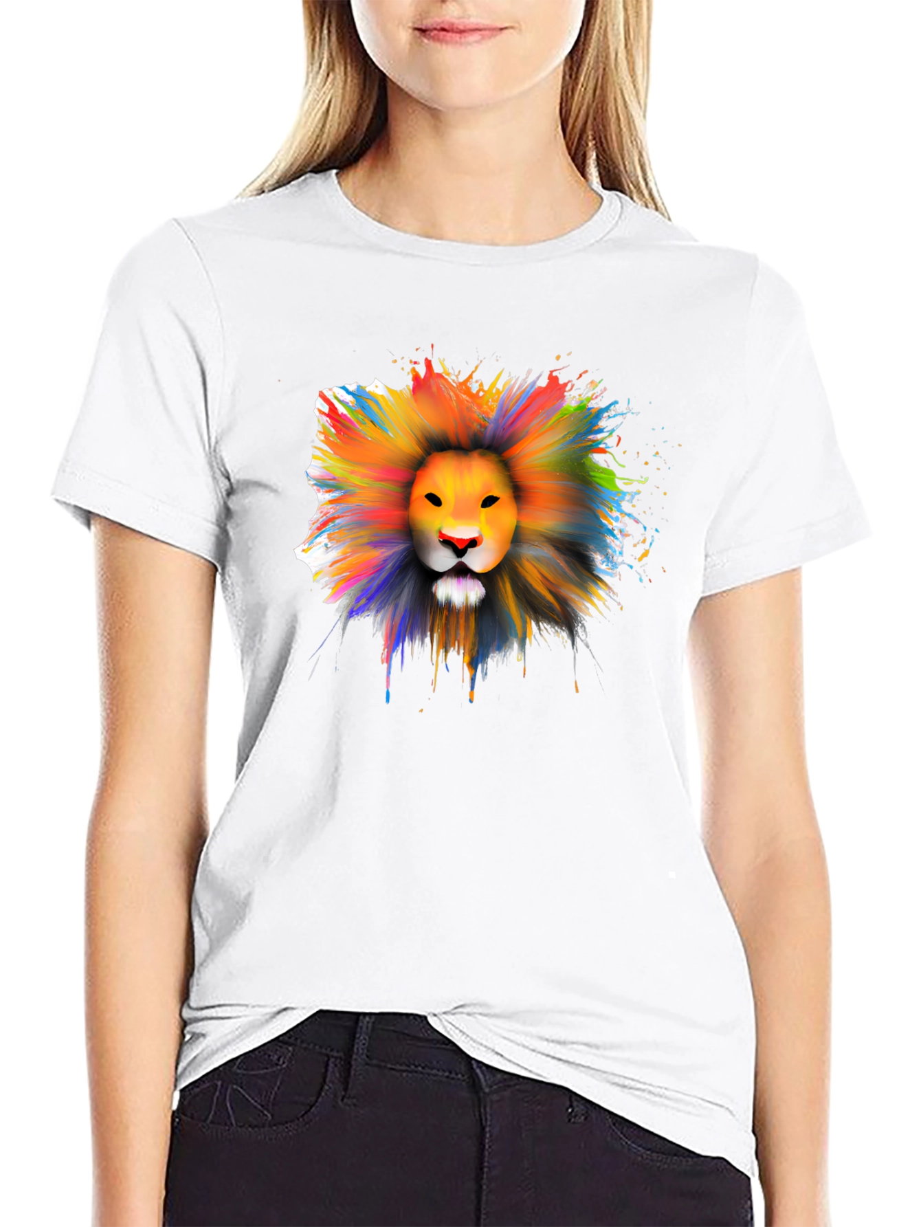 Black Colorful Lion Graphic T-Shirt - Artistic Crew Neck Tee view 9