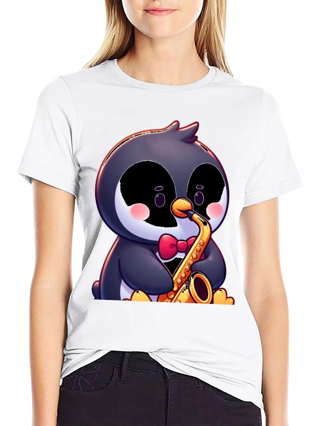 Black Penguin Saxophone T-Shirt - Fun Cartoon Design view 9