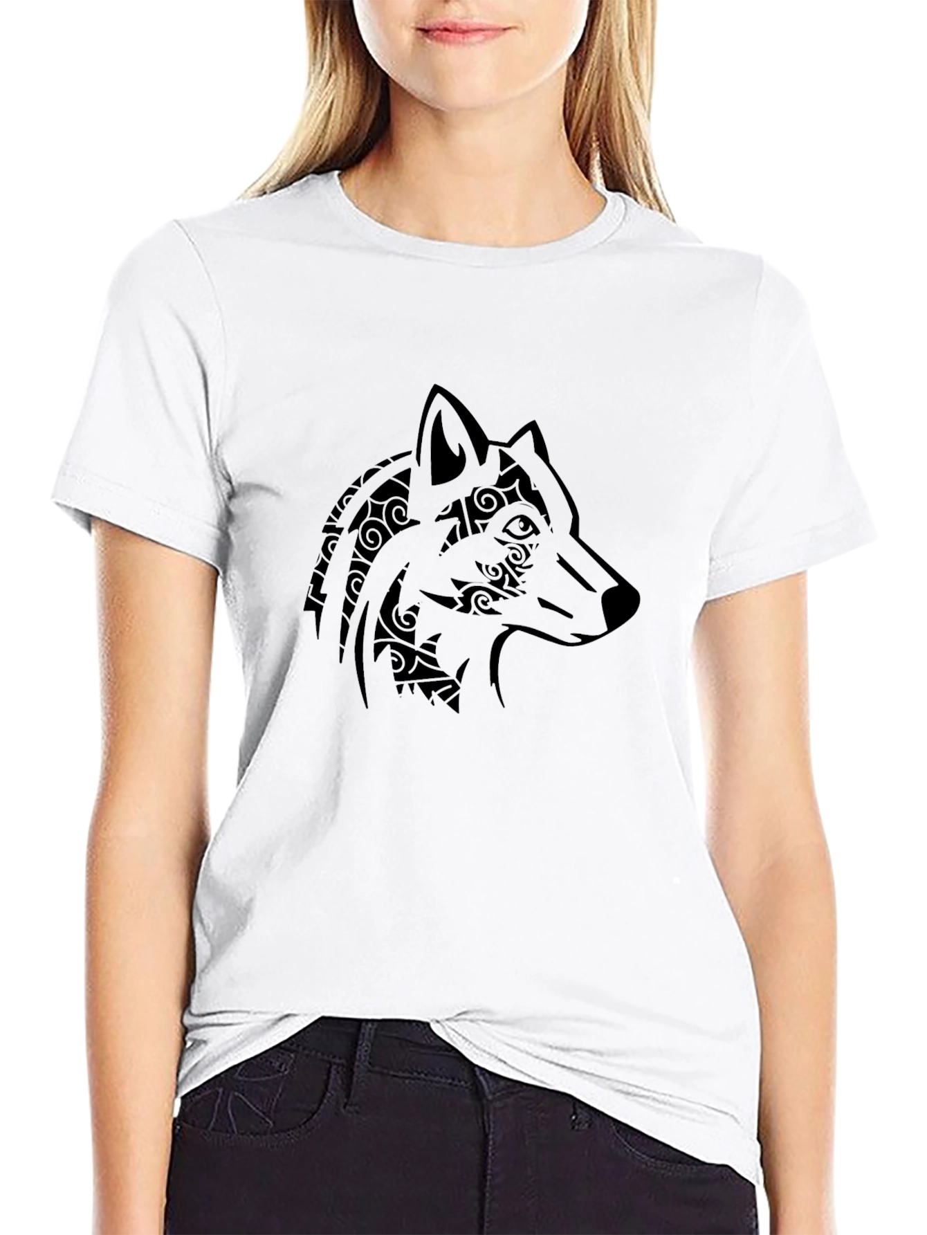 Black Tribal Wolf Head Graphic Men's Black T-Shirt view 9