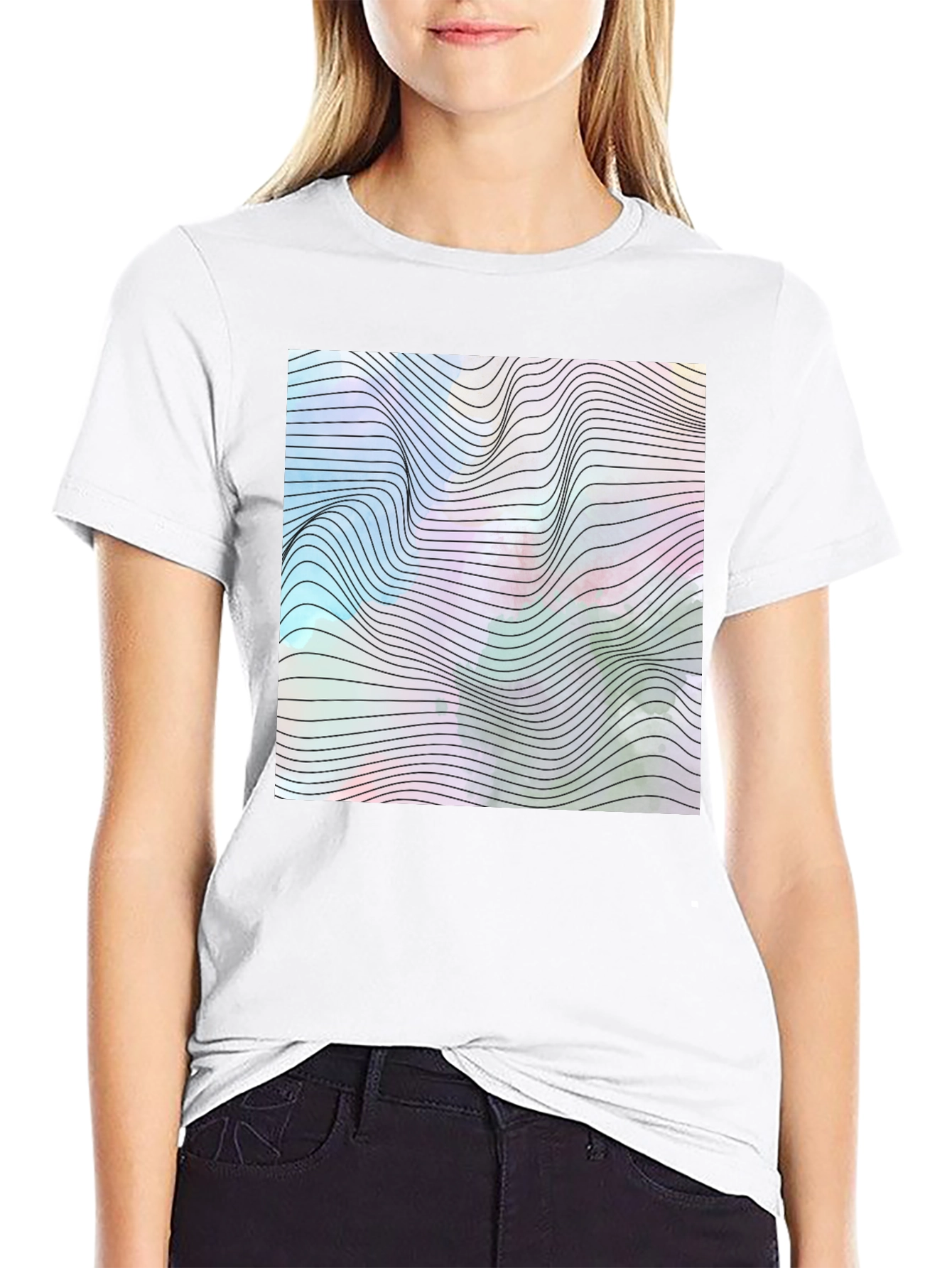 Black Abstract Wave Graphic Tee - Modern Black T-Shirt view 9