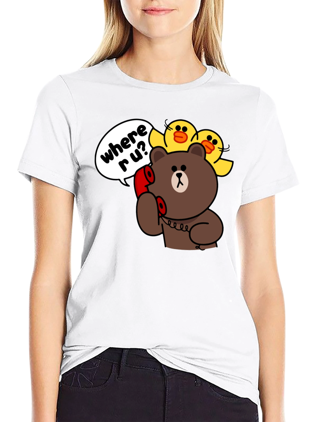 Black Cartoon Bear & Duck Graphic T-Shirt view 9