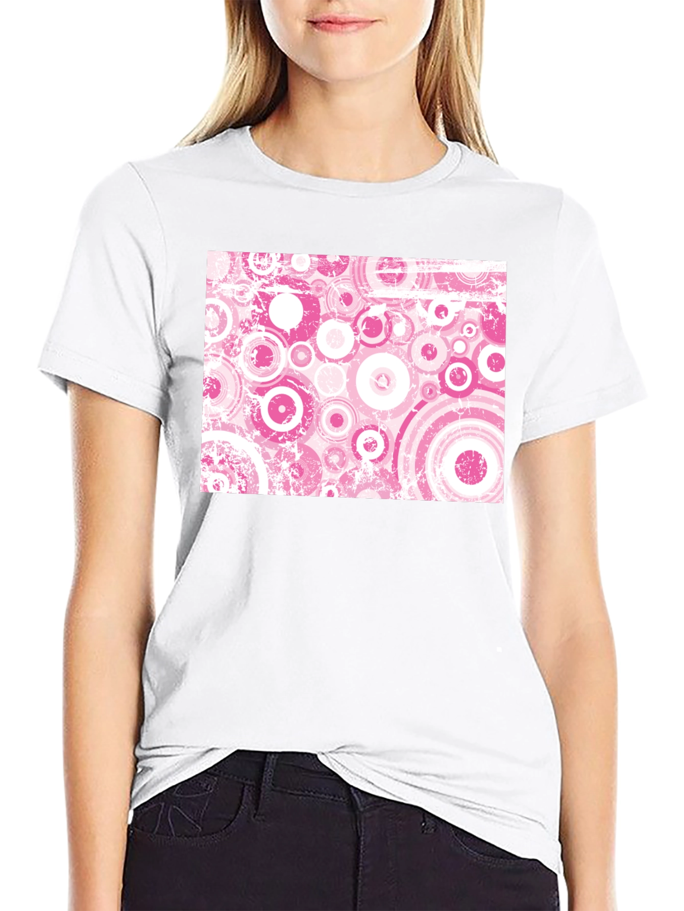 Black Retro Pink Circle Pattern Black T-Shirt view 9