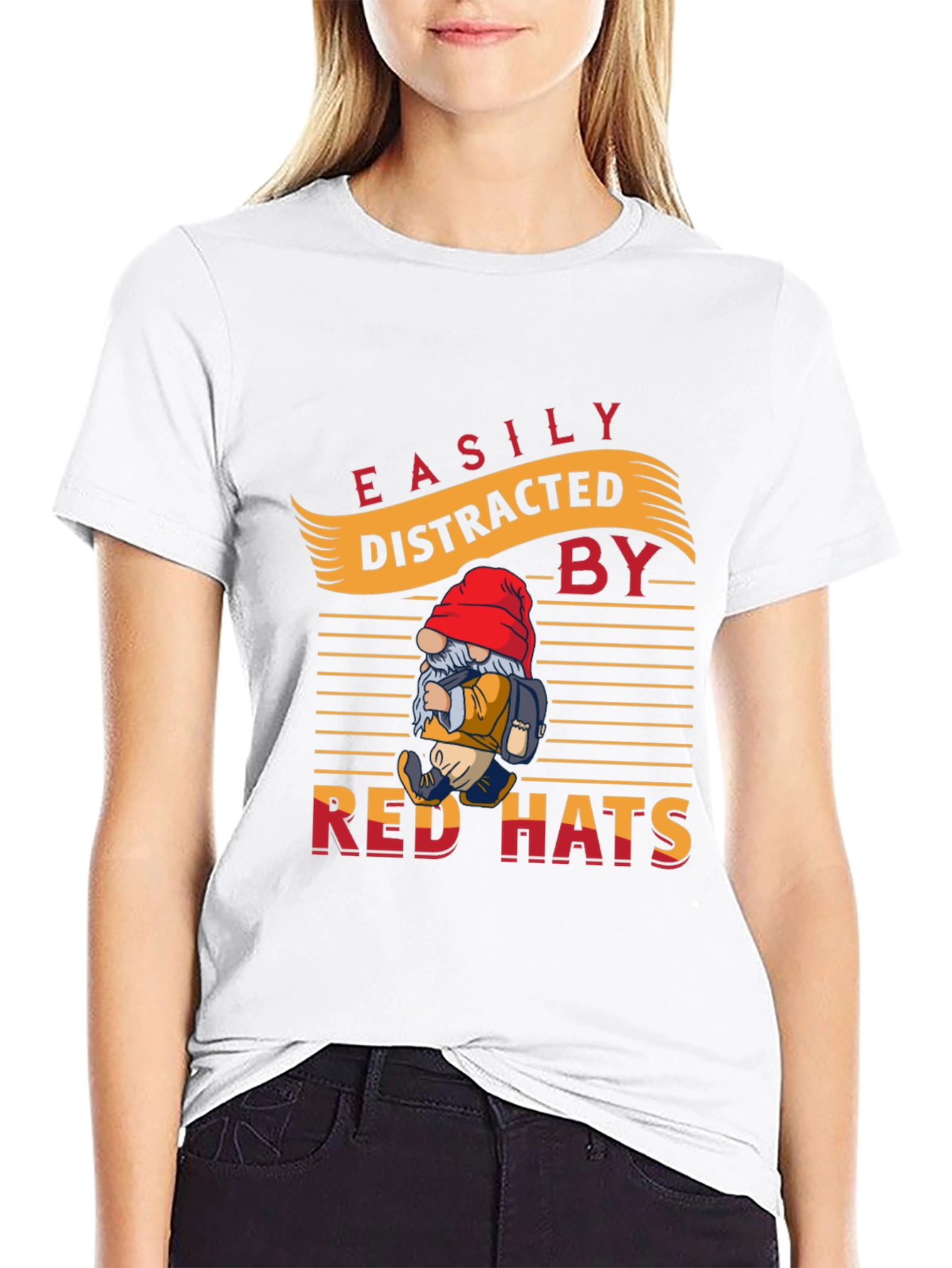 Black Easily Distracted by Red Hats T-Shirt - Novelty Gnome Design view 9