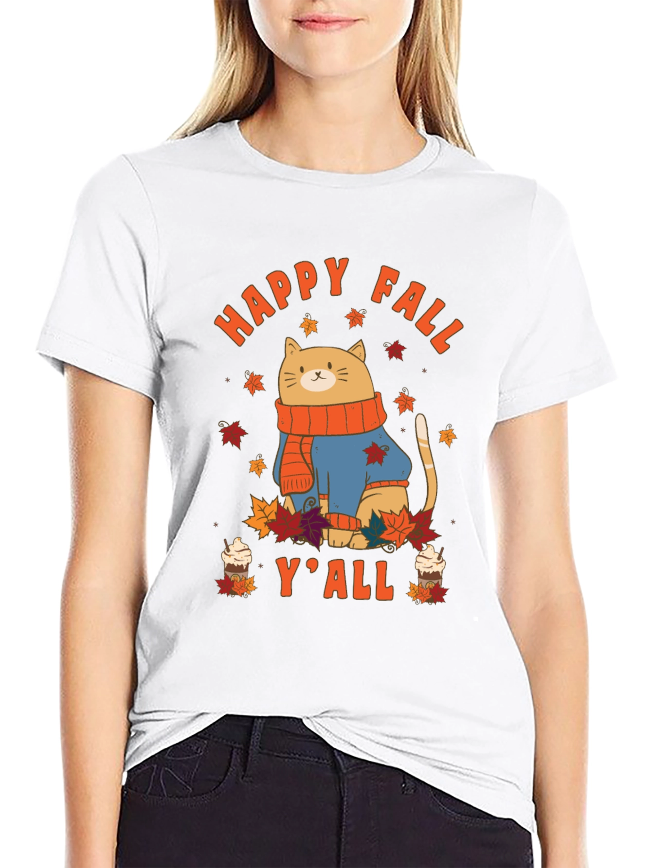 Black Happy Fall Y'all Cat T-Shirt view 9