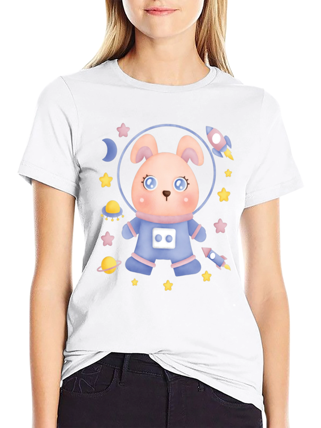 Black Cute Astronaut Rabbit T-Shirt view 9