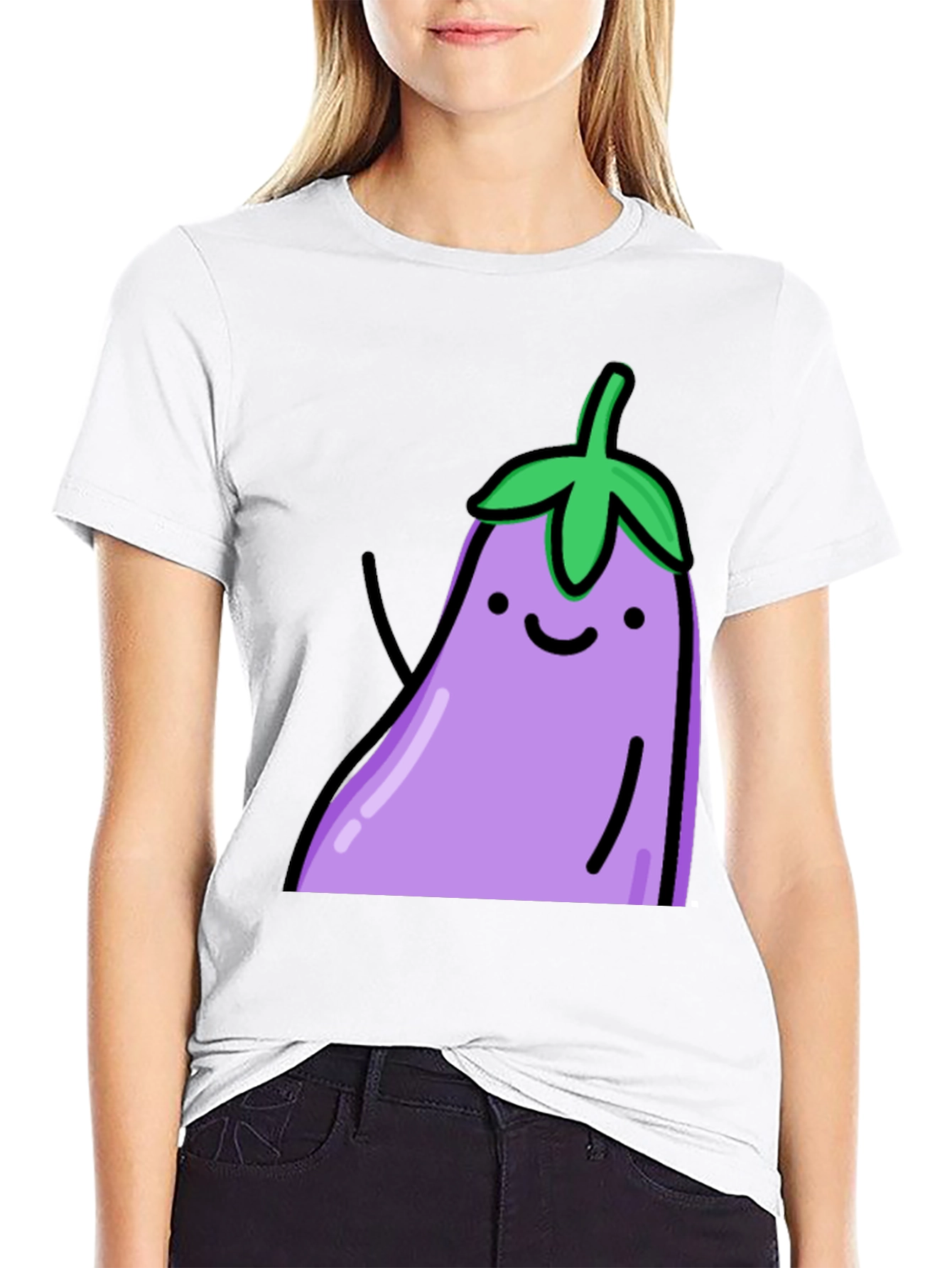 Black Cute Eggplant Graphic Print Black T-Shirt view 9