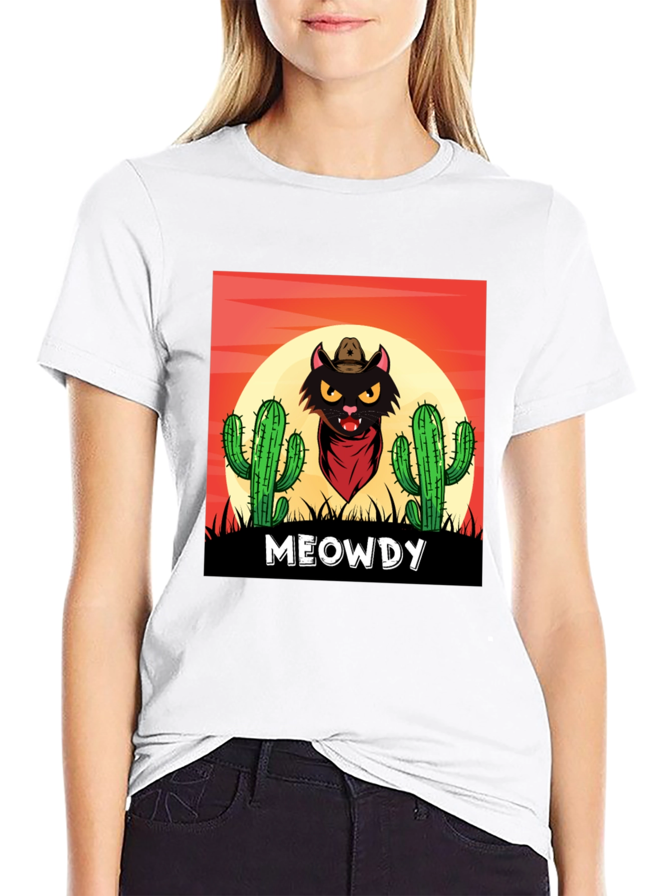 Black Meowdy Black Cat Cowboy Graphic T-Shirt view 9