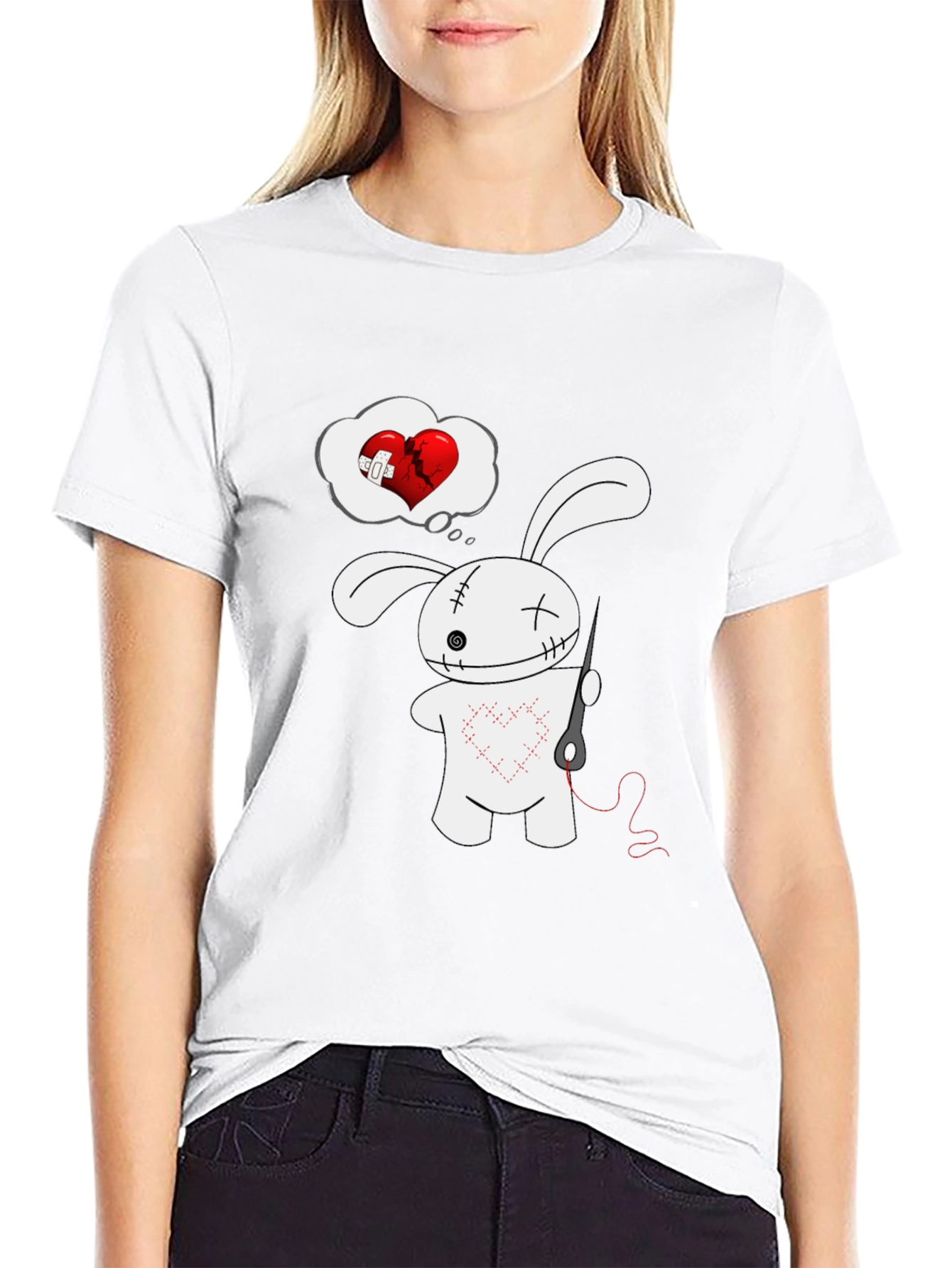 Black Stitched Heart Bunny Graphic Tee - Black Cotton Shirt view 9