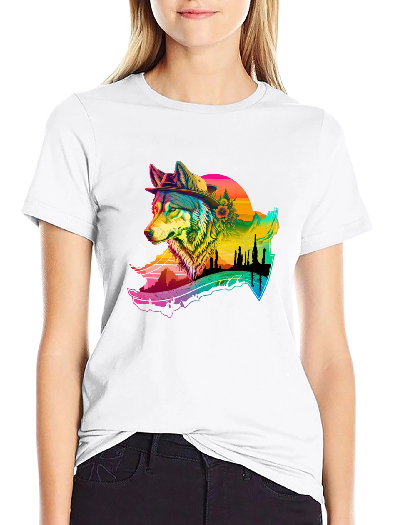 Black Wolf Graphic Black T-Shirt - Colorful Design view 9
