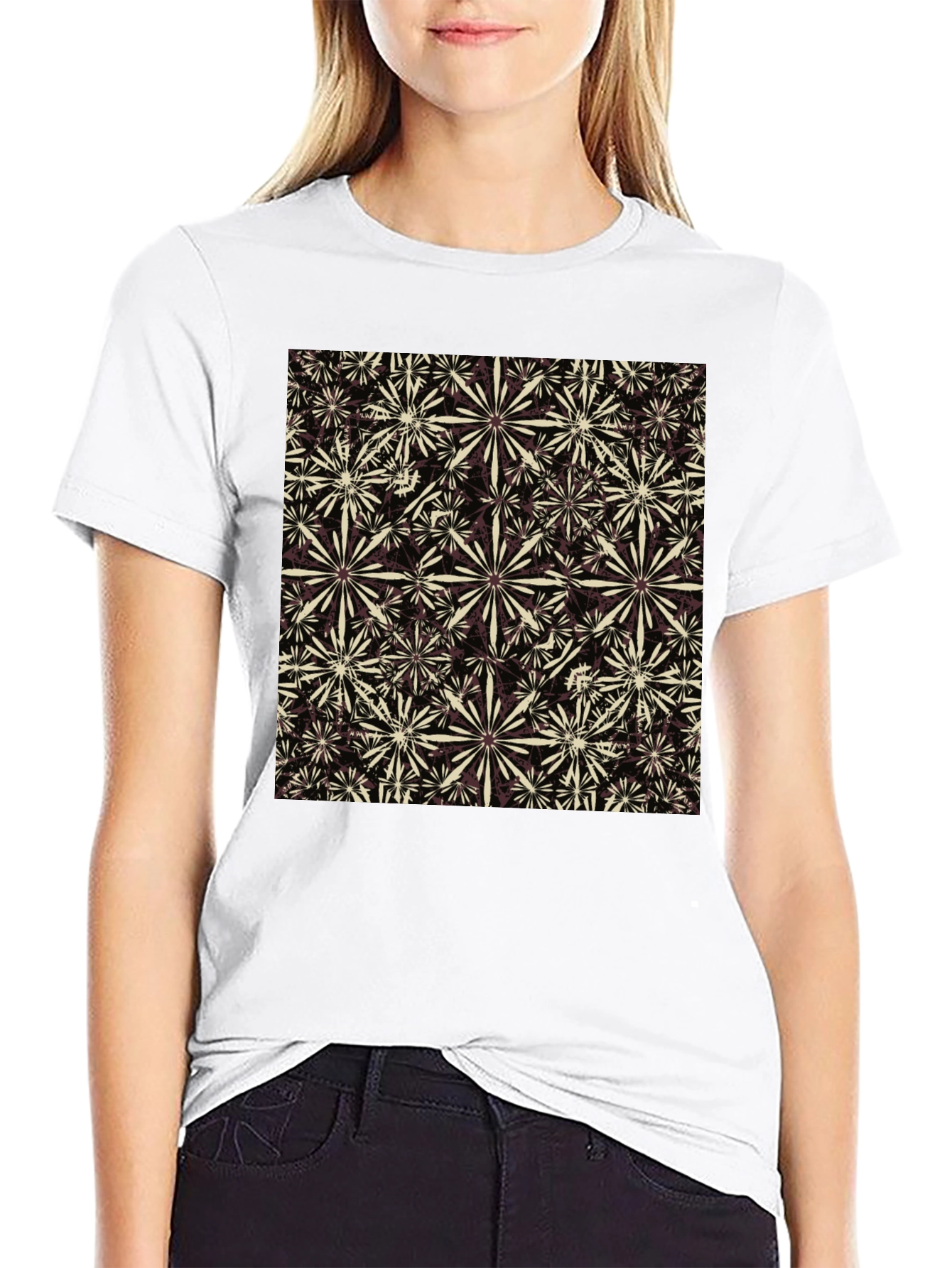 Black Floral Pattern Crew Neck T-Shirt view 9