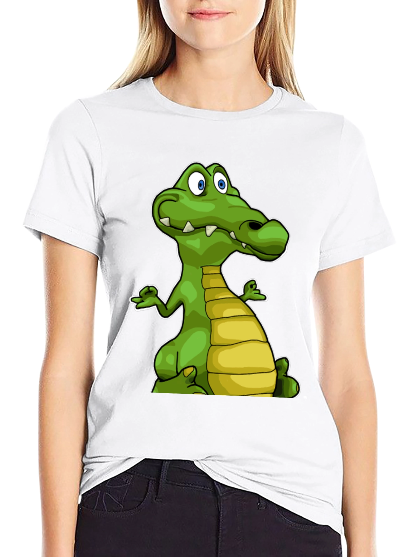 Black Cartoon Crocodile Graphic Tee - Black Cotton T-Shirt view 9