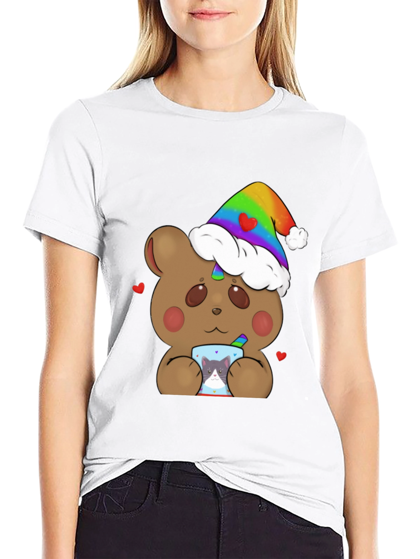 Black Bear with Rainbow Hat & Cat Mug T-Shirt view 9