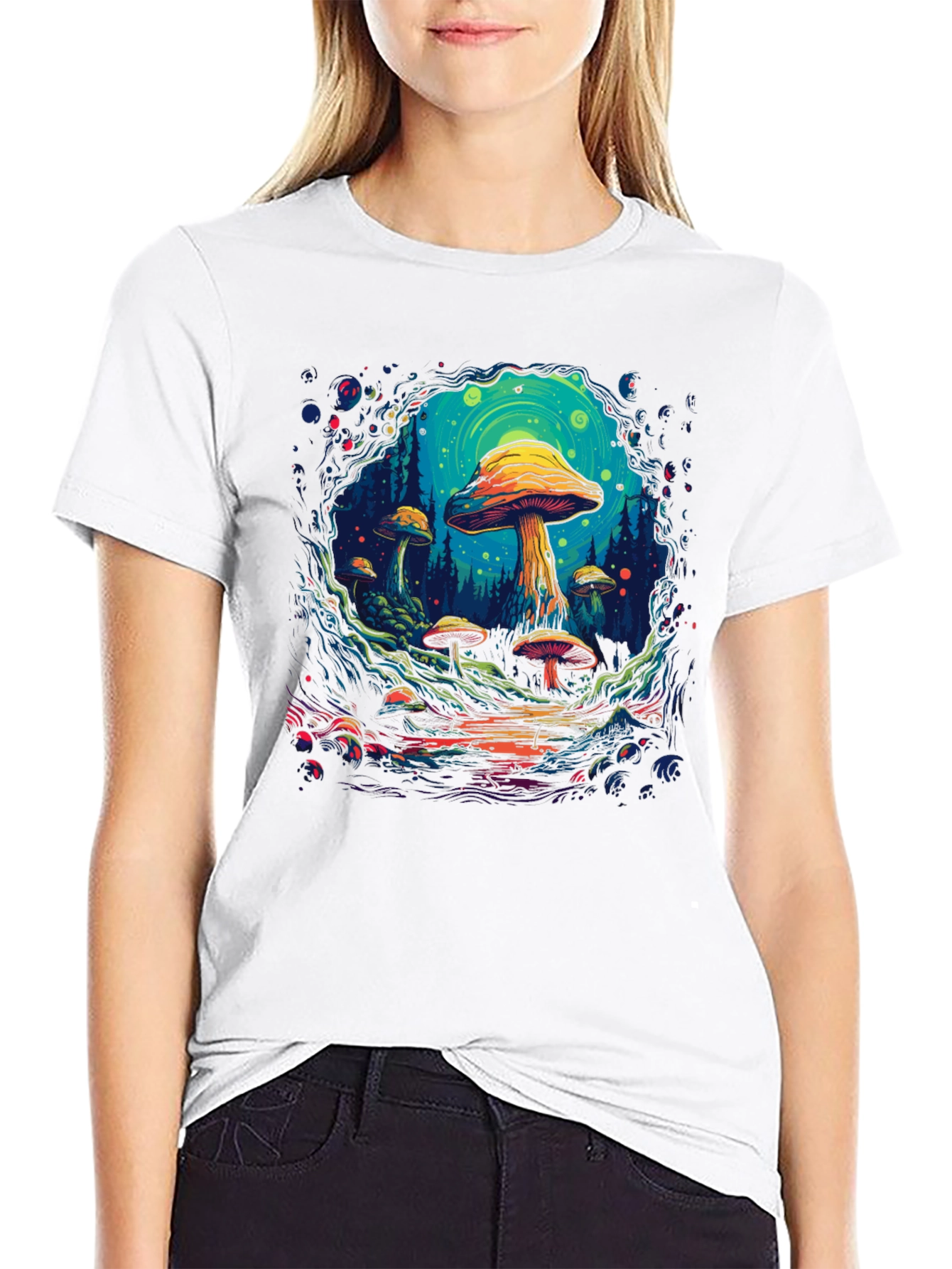 Black Psychedelic Mushroom Forest Graphic T-Shirt view 9