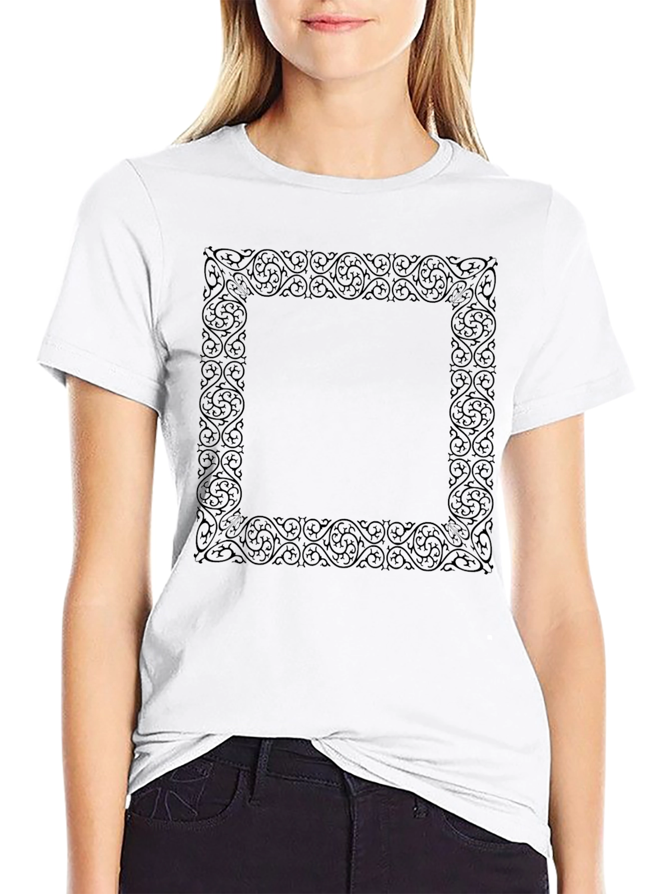 Black Men's Black Tee with Ornate Square Graphic view 9