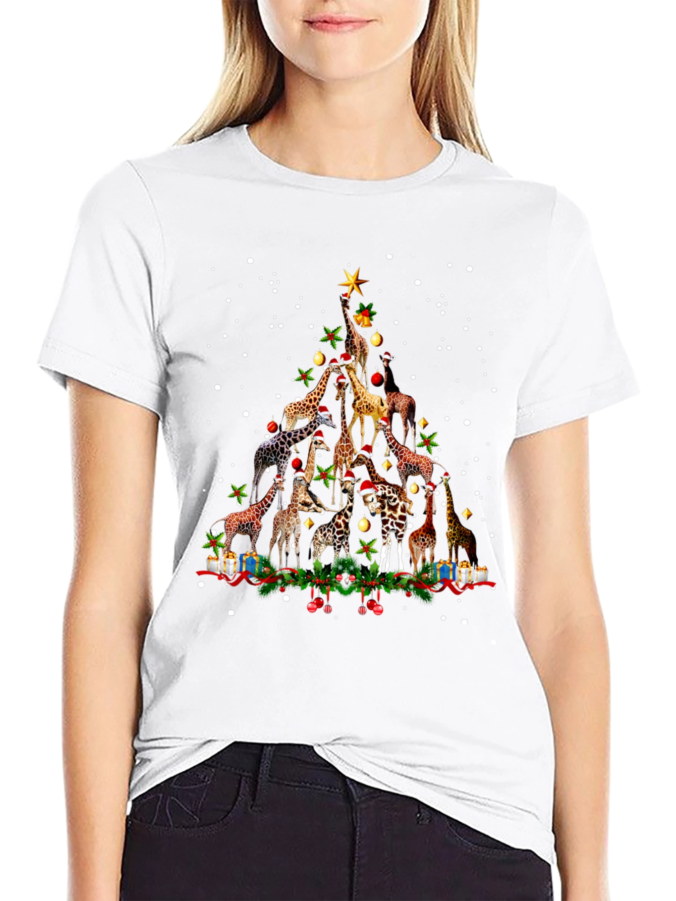 Black Giraffe Christmas Tree Crew Neck T-Shirt view 9