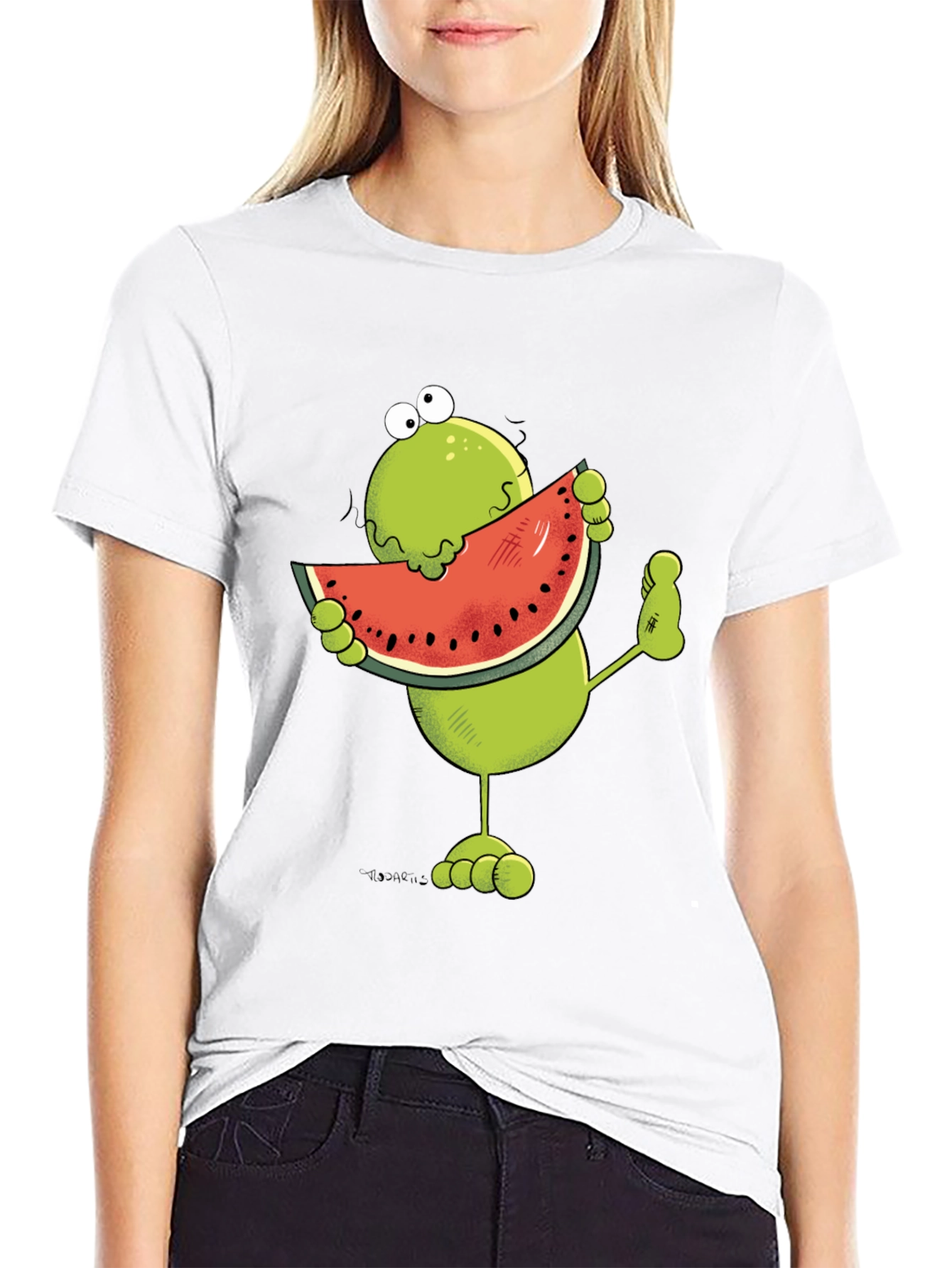 Black Frog Eating Watermelon Funny Graphic T-Shirt view 9