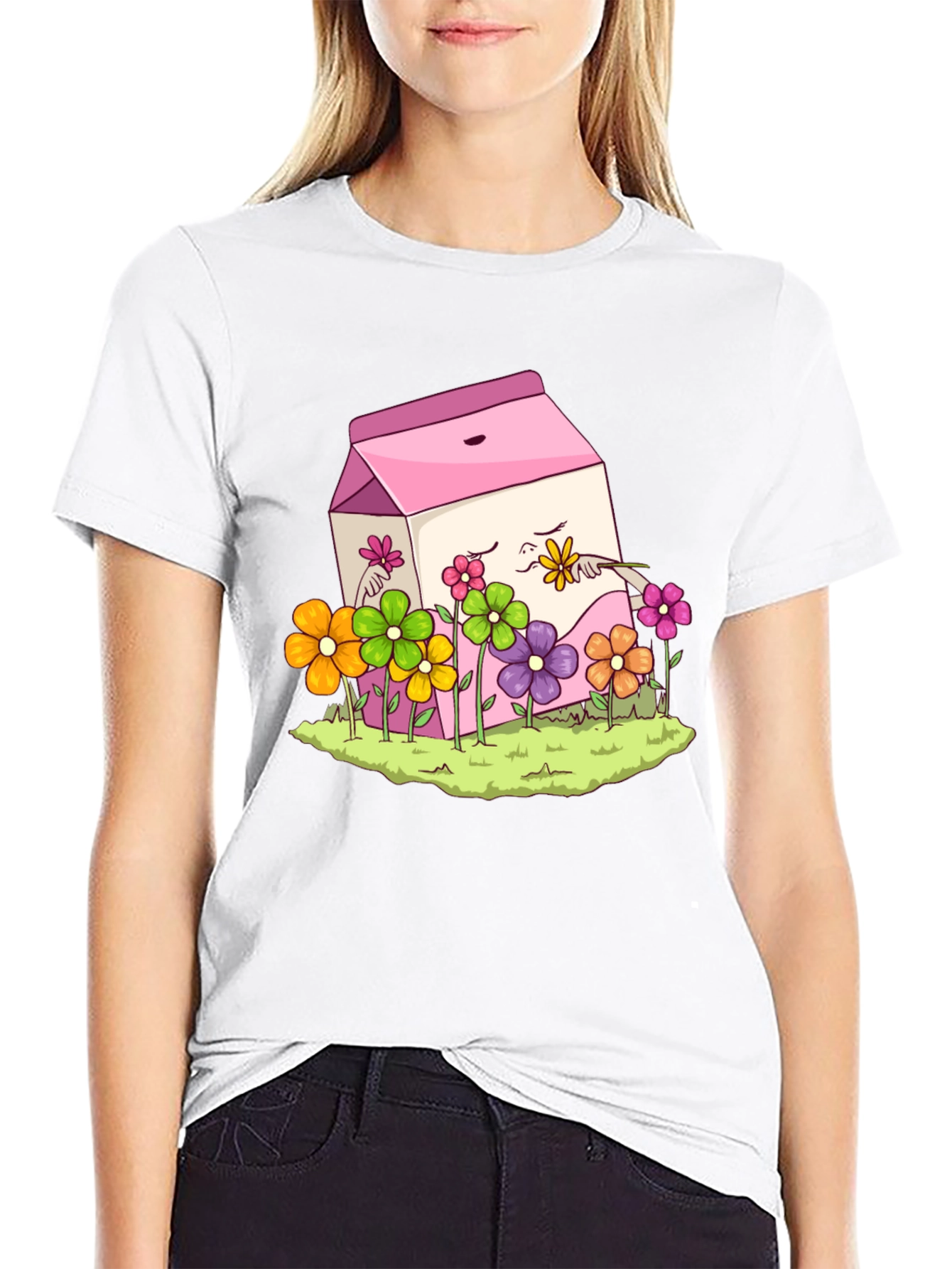 Black Cute Milk Carton & Flowers Graphic Tee view 9