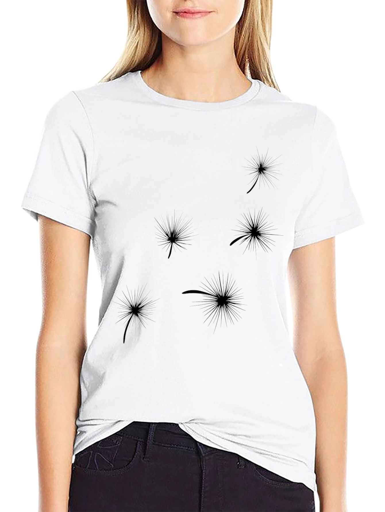 Black Stylish Black Dandelion Print T-Shirt view 9