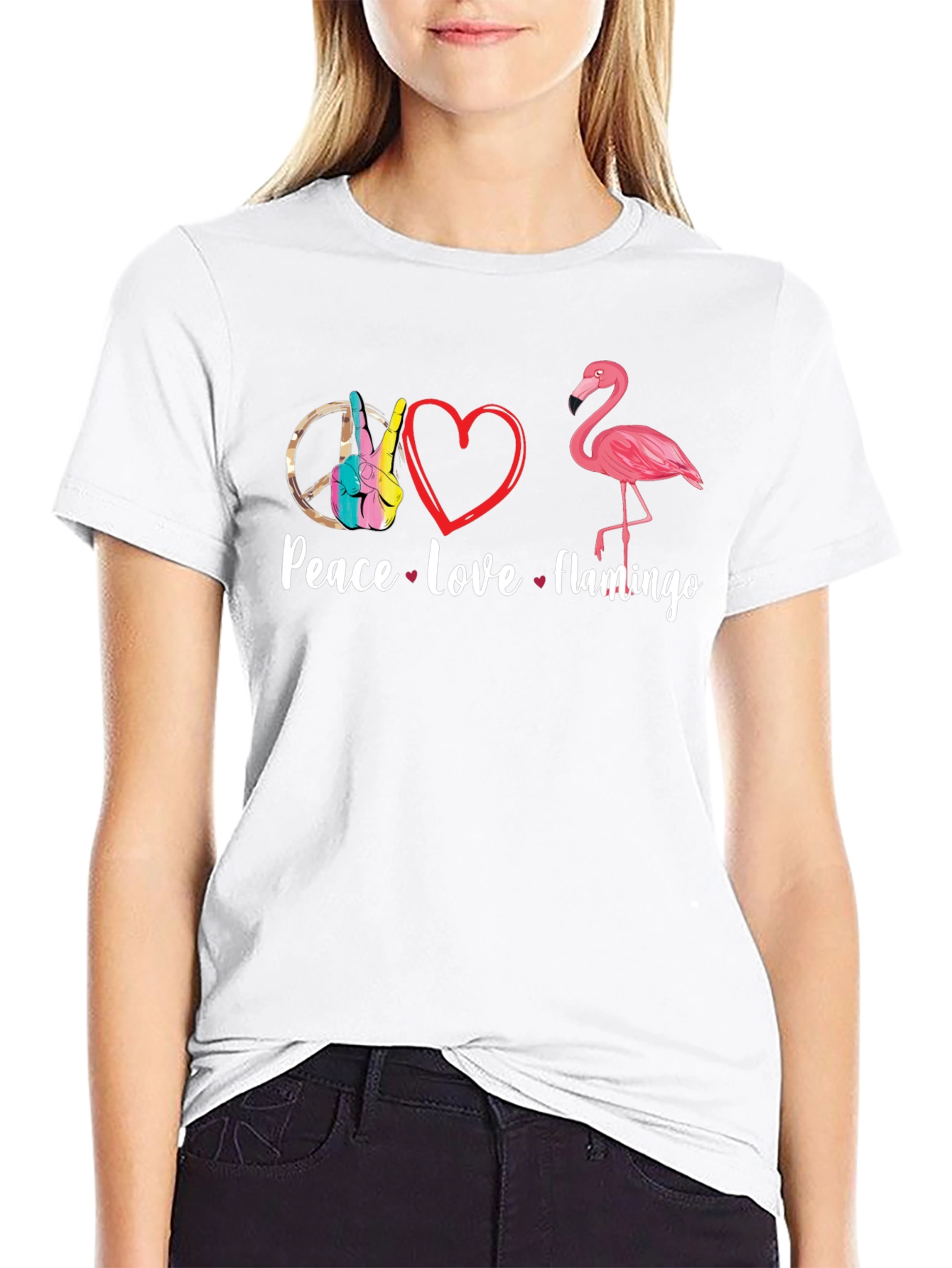 Black Peace Love Flamingo T-Shirt - Fun Graphic Tee view 9