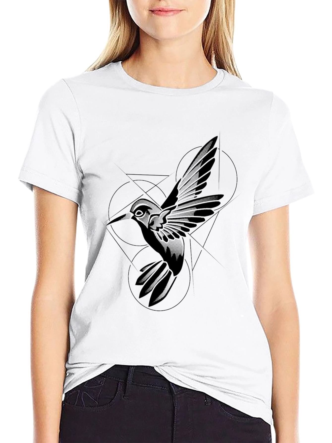 Black Geometric Hummingbird Black T-Shirt view 9